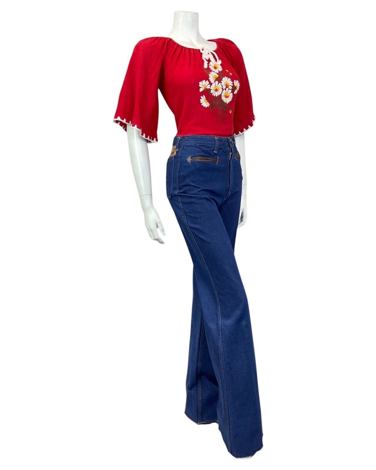 VINTAGE 60s 70s RED WHITE DAISY FLOWER BOHO FOLK PRAIRIE BLOUSE 12