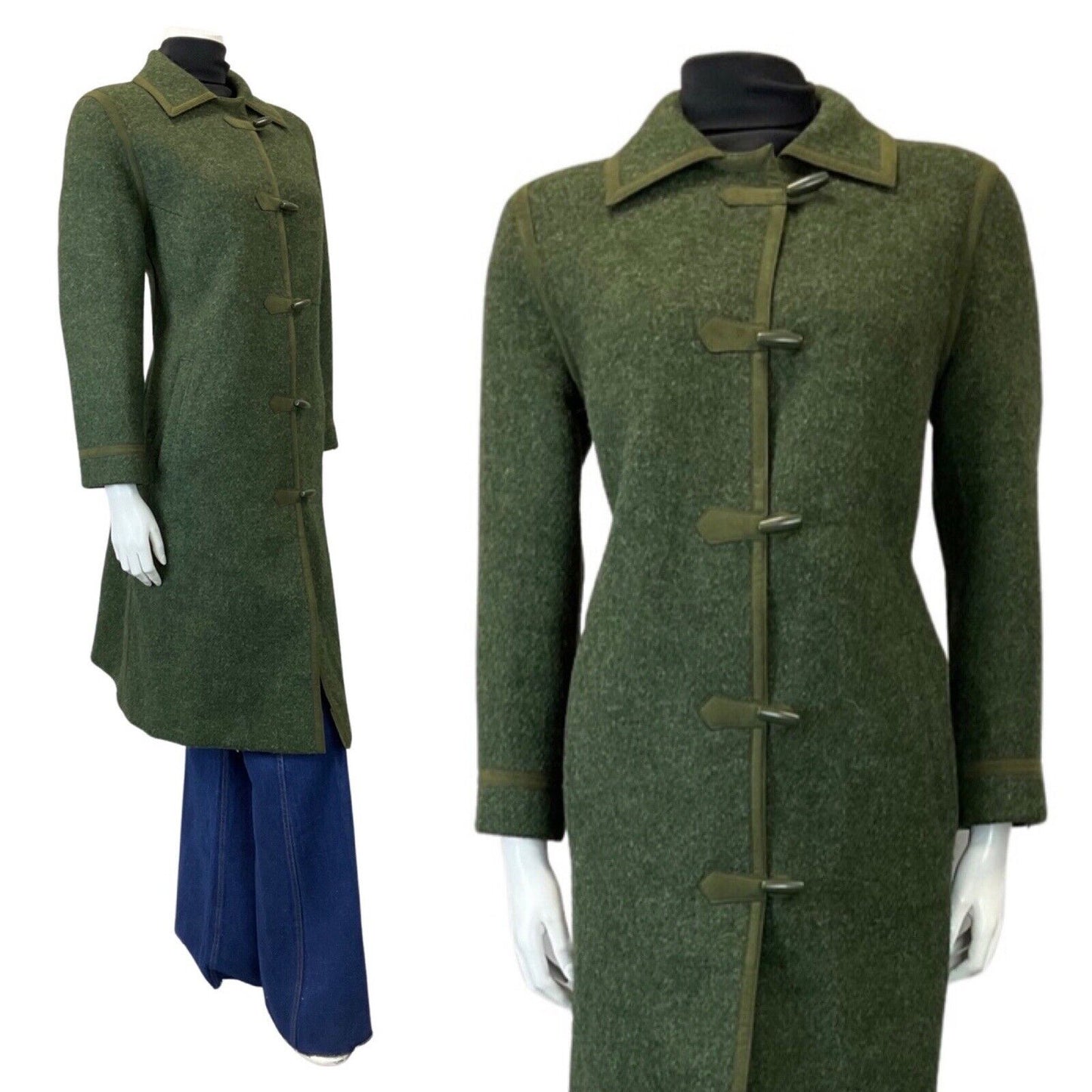VINTAGE 60s 70s FOREST GREEN TOGGLE STRAIGHT-CUT LONG WOOL COAT 14
