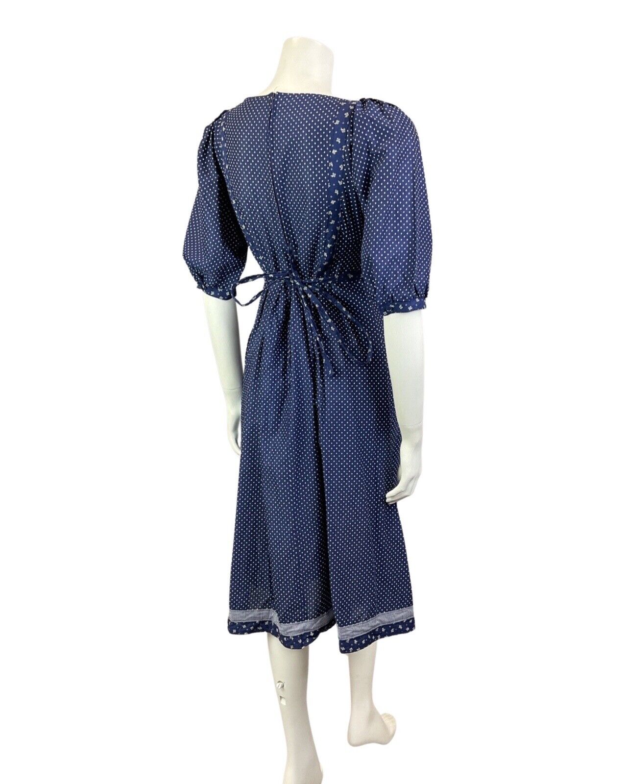 VINTAGE 70s BLUE WHITE PINK POLKA-DOT FLORAL EMBROIDERED BOHO PRAIRIE DRESS 8