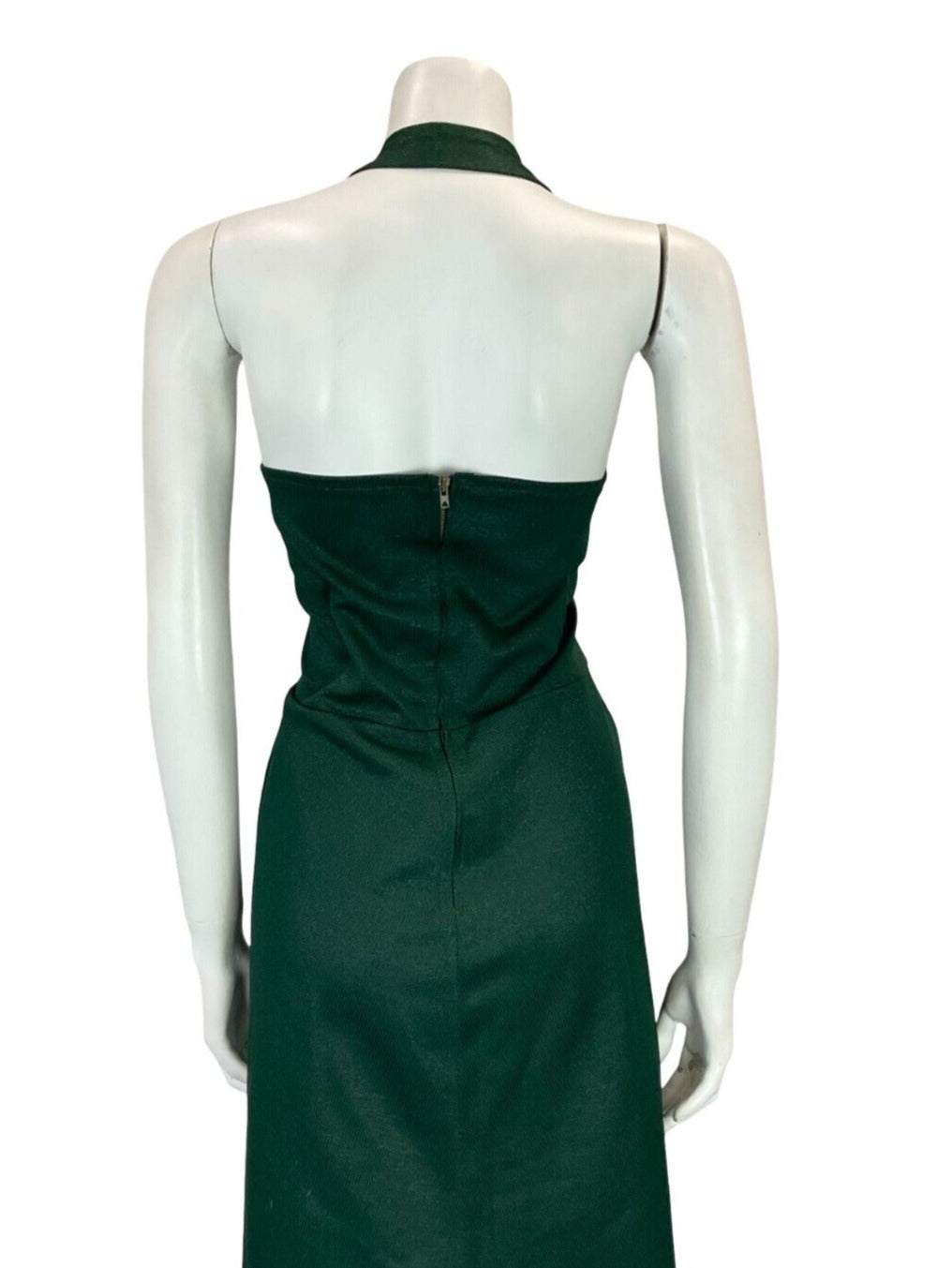 VTG 70S FOREST GREEN GLITTER LUREX PEARLS HALTER NECK MIDI DRESS SIZE 12 14 M