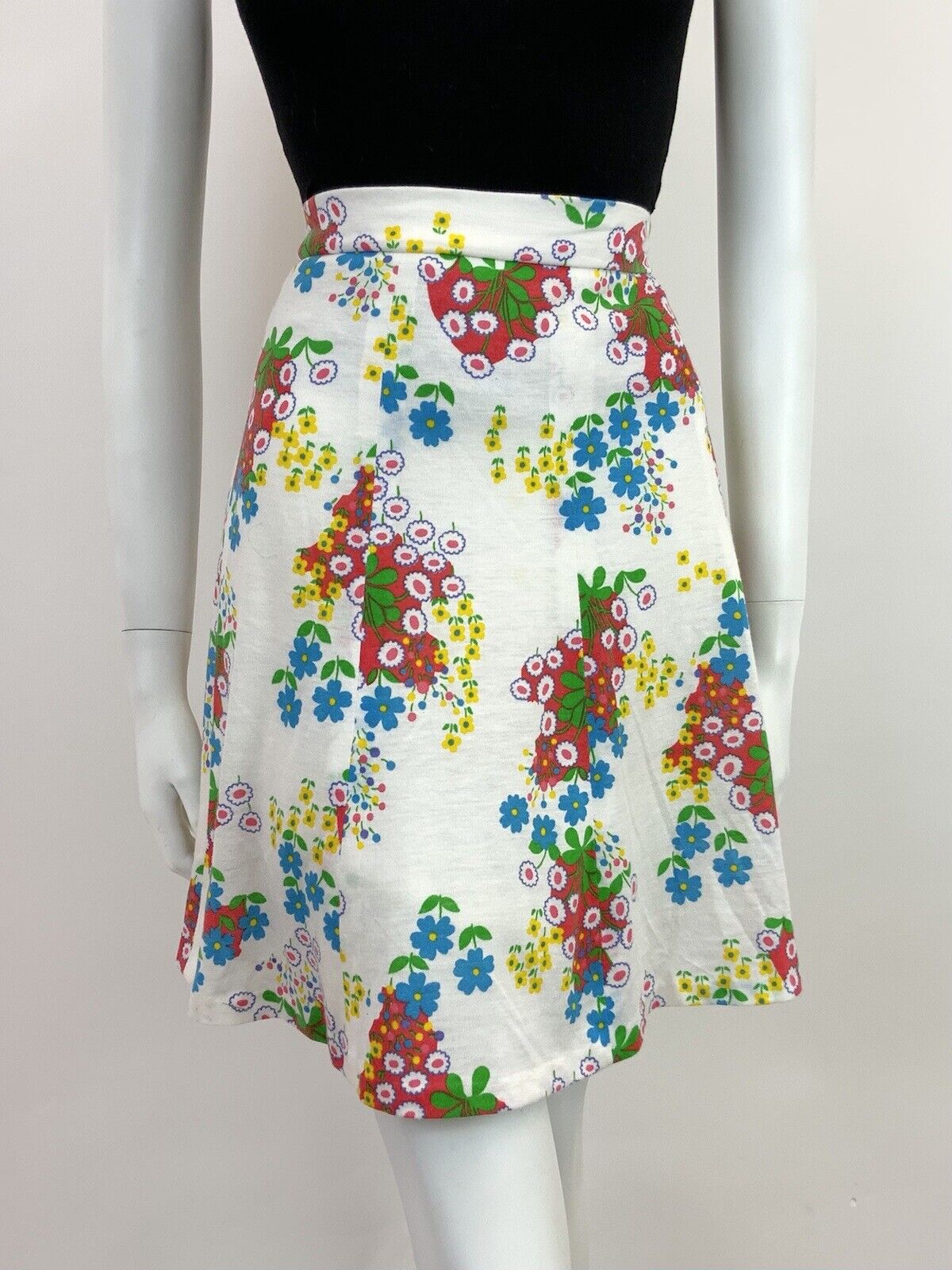 VINTAGE 60s 70s WHITE BLUE GREEN YELLOW FLORAL DAISY FLARED CIRCLE SKIRT 10 12