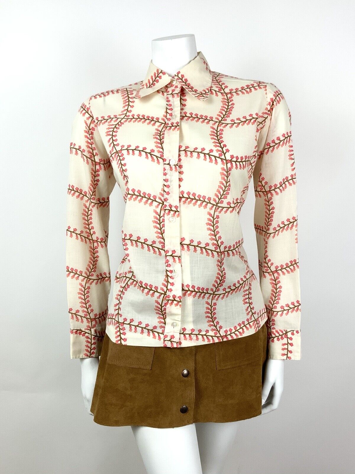 VINTAGE 60s 70s CREAM BROWN PINK GRID CHECKED FLORAL DAGGER SHIRT BLOUSE 14 16