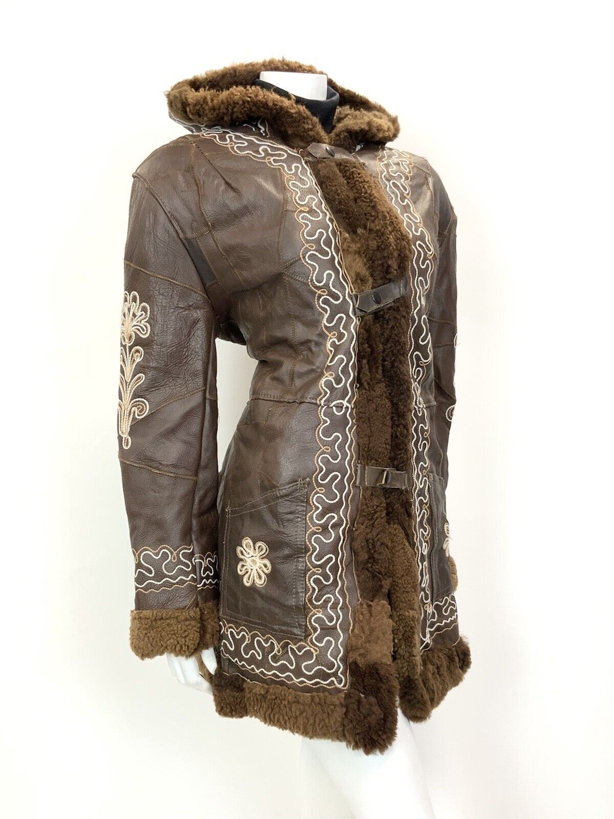 VTG 60s 70s BROWN WHITE EMBROIDERED FLORAL PATCHWORK HOODED LEATHER COAT 16 18