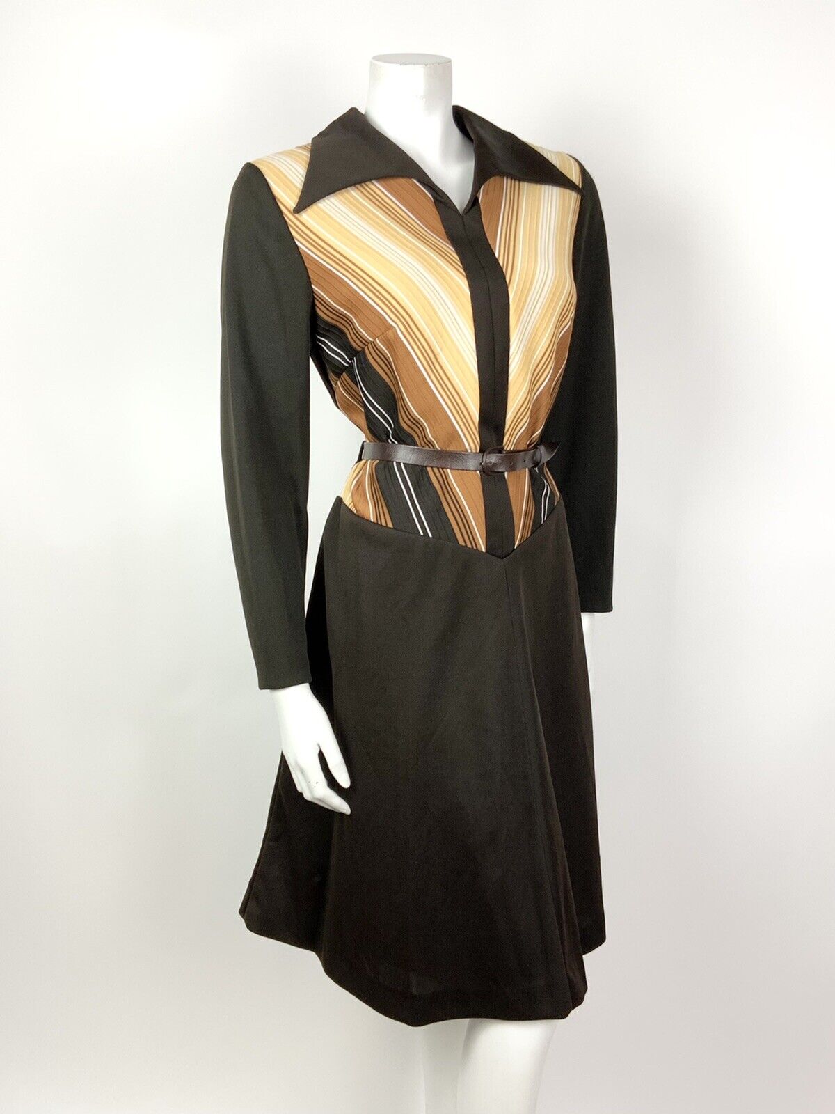 VTG 60s 70s MOD BROWN CREAM WHITE STRIPED WING COLLAR BELTED DRESS 14 16