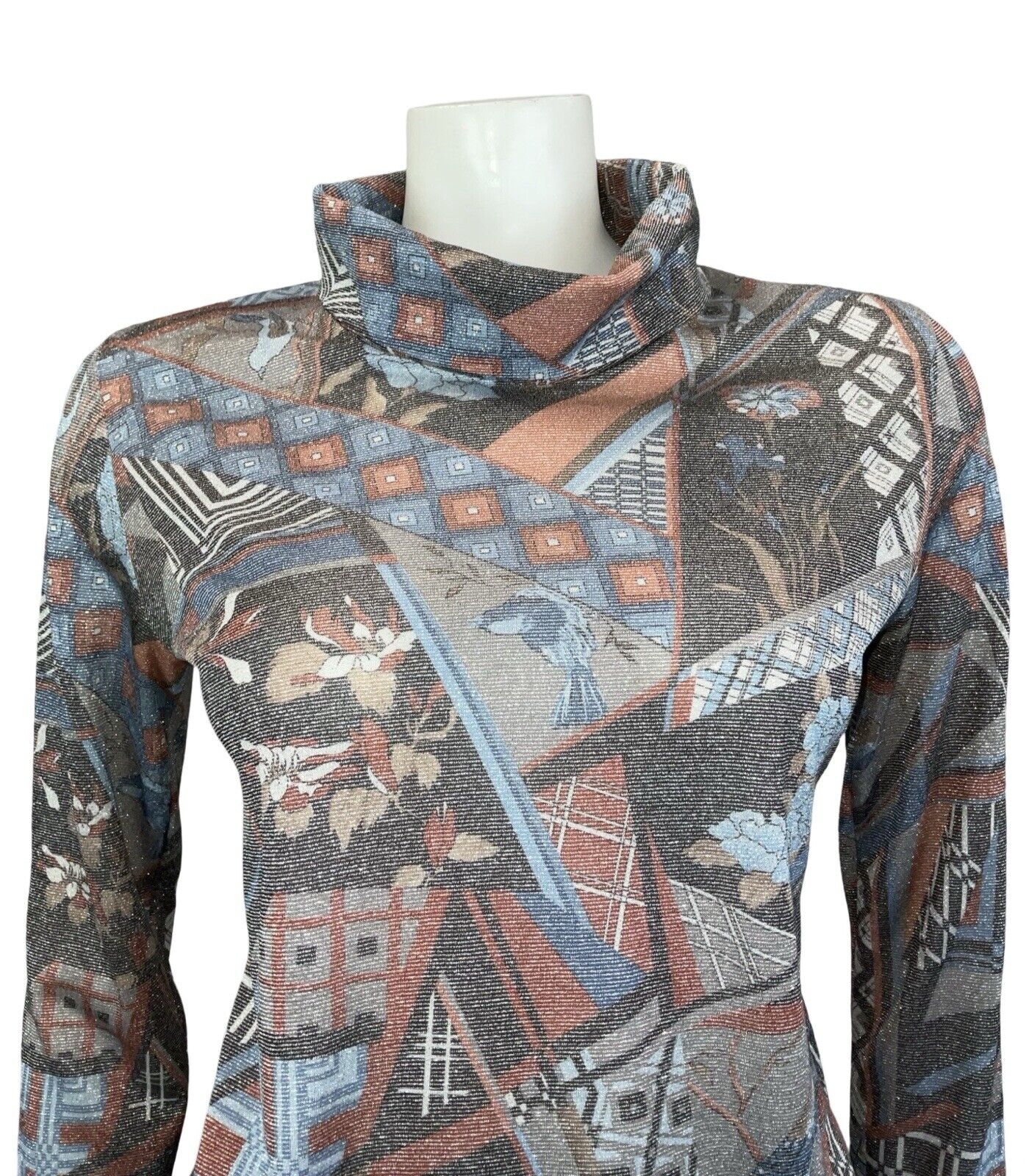 VTG 60S 70S BLACK RED BLUE LUREX GEOMETRIC FLORA BIRD PARTY TURTLENECK TOP 8