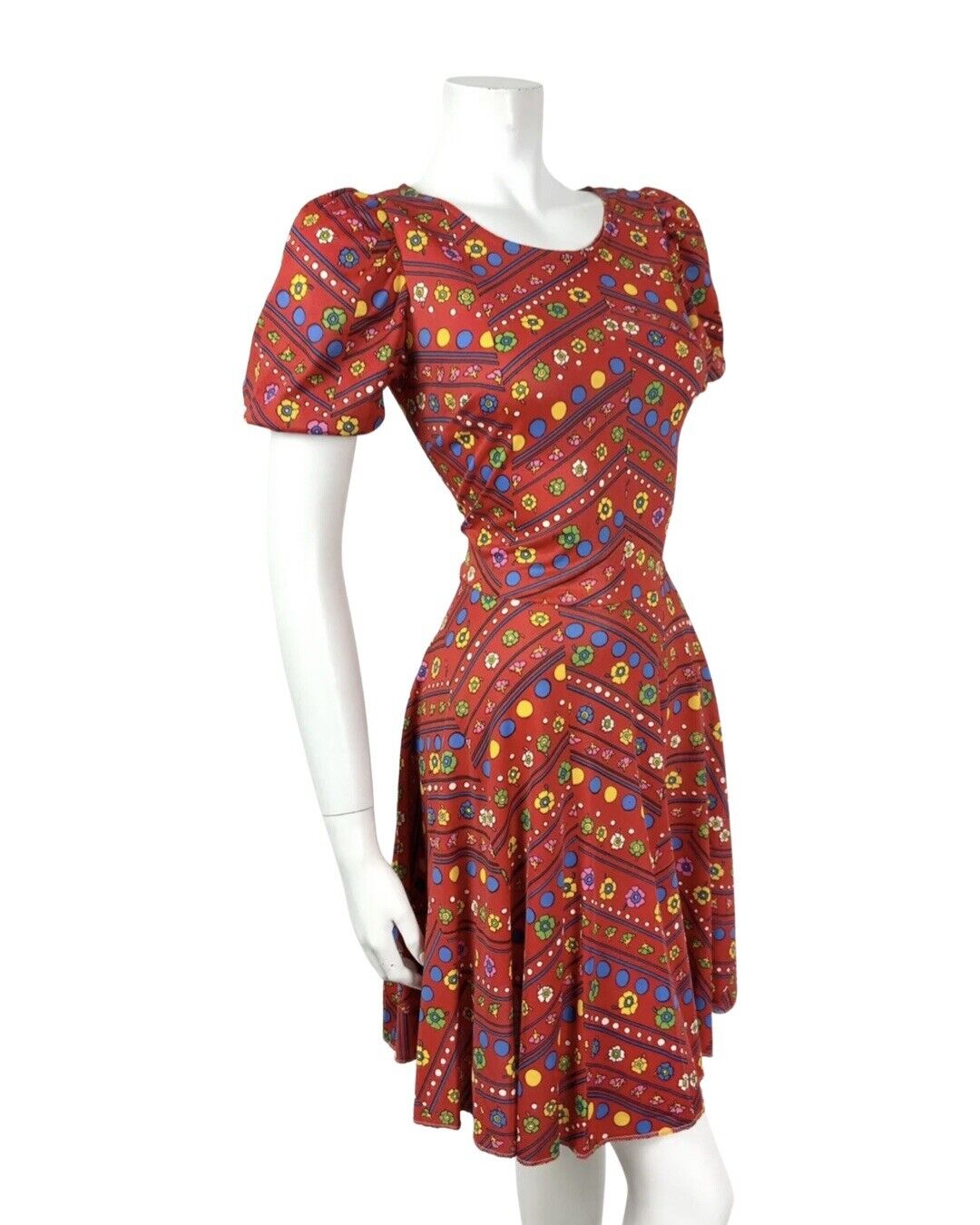 VTG 60s 70s RED BLUE YELLOW GREEN FLORAL DOTTY PUFF SLEEVE MOD SWING DRESS 8 10