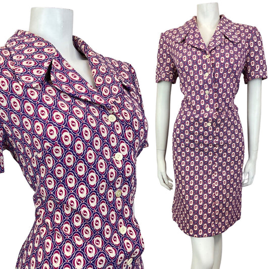 VINTAGE 60s 70s PURPLE PINK CREAM GEOMETRIC TILED MOD SHIRT DRESS 16