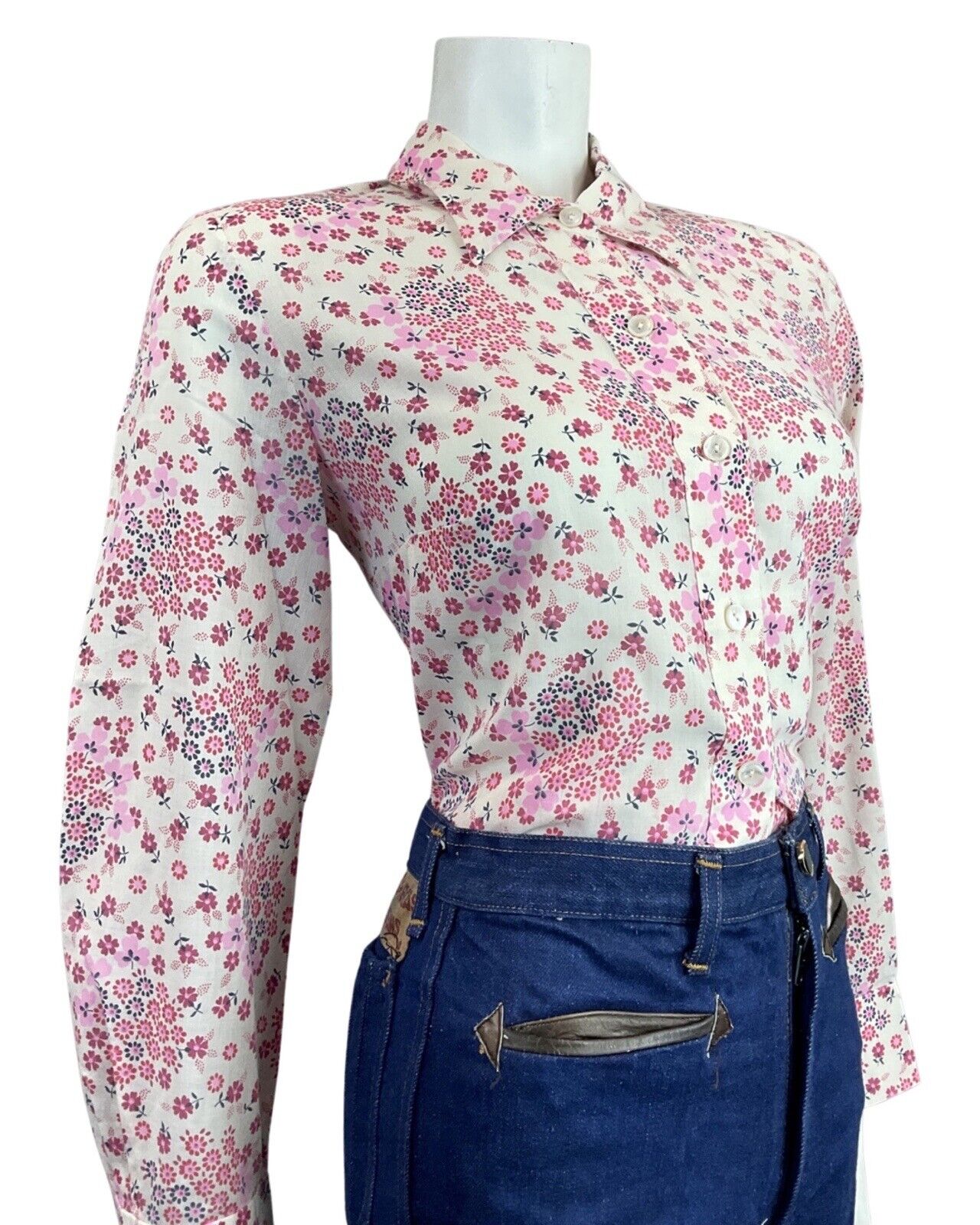 VINTAGE 60s 70s WHITE PINK RED FLORAL DAISY DITSY MOD DAGGER SHIRT BLOUSE 14 16