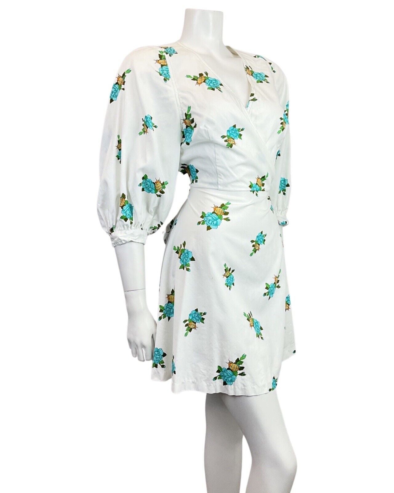 VINTAGE 60s 70s WHITE BLUE GOLD ROSE BEETLE WRAP PUFF SLEEVE MOD SWING DRESS 10