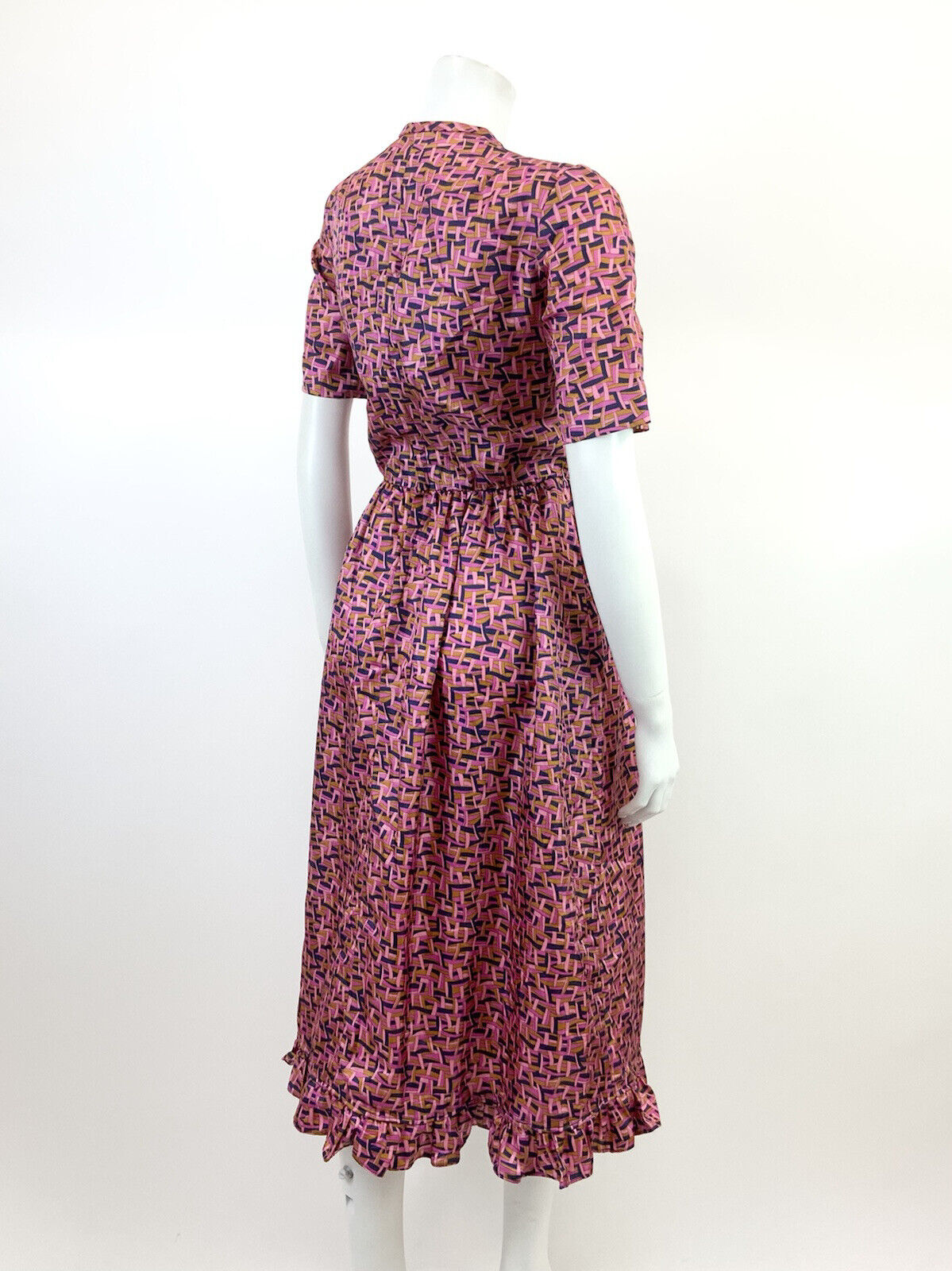 VINTAGE 60s 70s PINK BLUE GOLD BASKETWEAVE GEOMETRIC PSYCHEDELIC MOD DRESS 8 10
