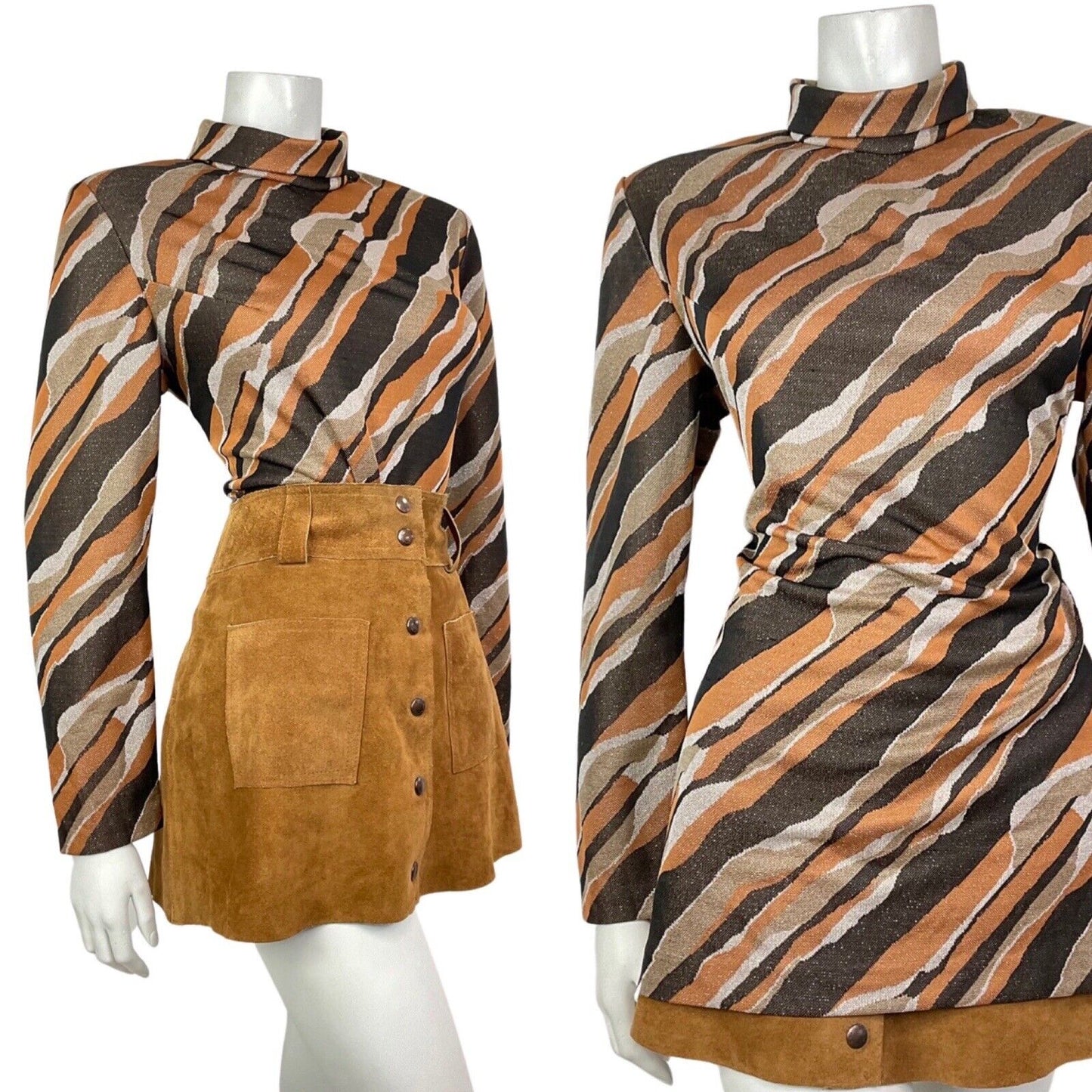 VTG 60s 70s BROWN ORANGE GOLD WHITE STRIPED LUREX PARTY MOD TURTLENECK TOP 16