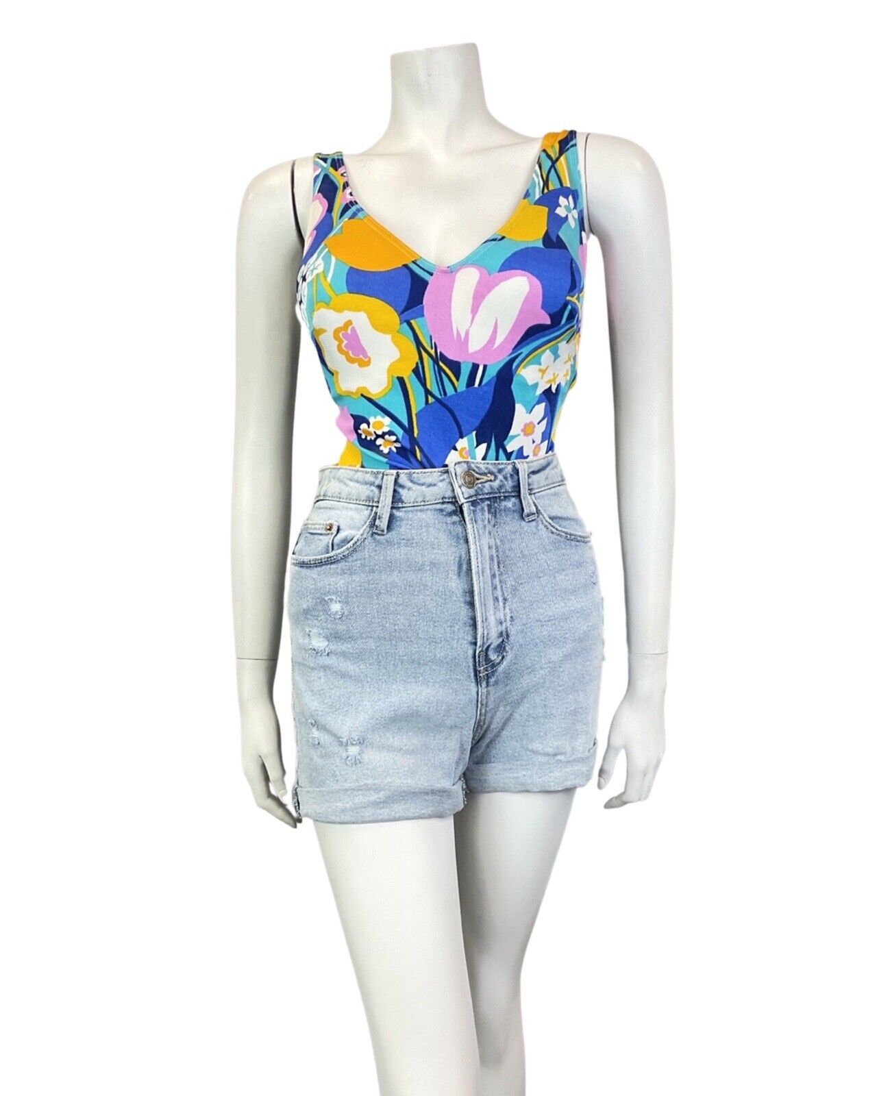 VINTAGE 60s 70s BLUE PINK YELLOW FLORAL PSYCHEDELIC SWIMSUIT BODYSUIT 14