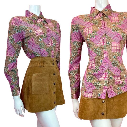 VINTAGE 60s 70s PURPLE GOLD BLUE PATCHWORK FLORAL CHECKED MOD DAGGER SHIRT 12 14
