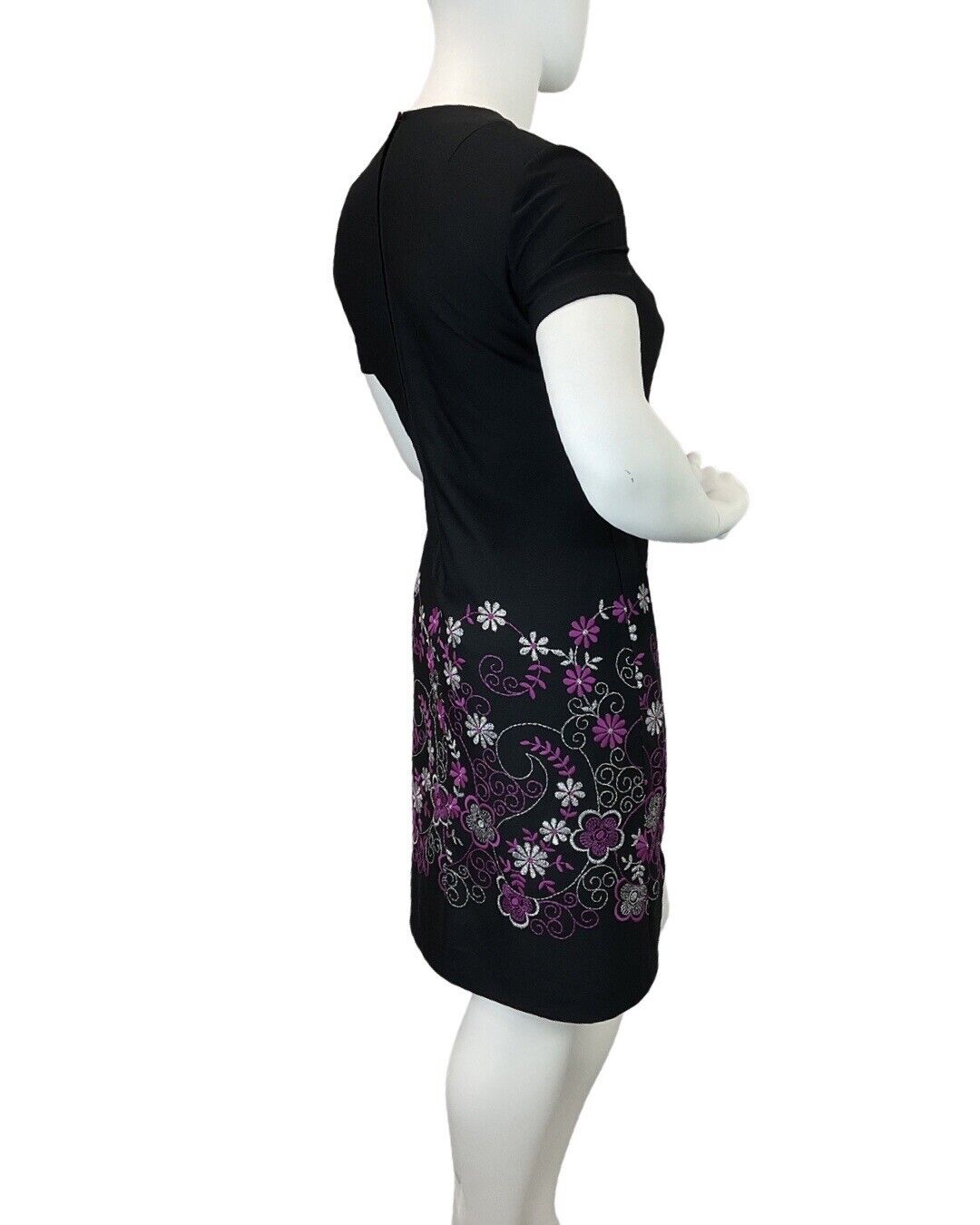 VINTAGE 60s 70s BLACK SILVER PURPLE SWIRLING FLOWER EMBROIDERED MOD DRESS 16