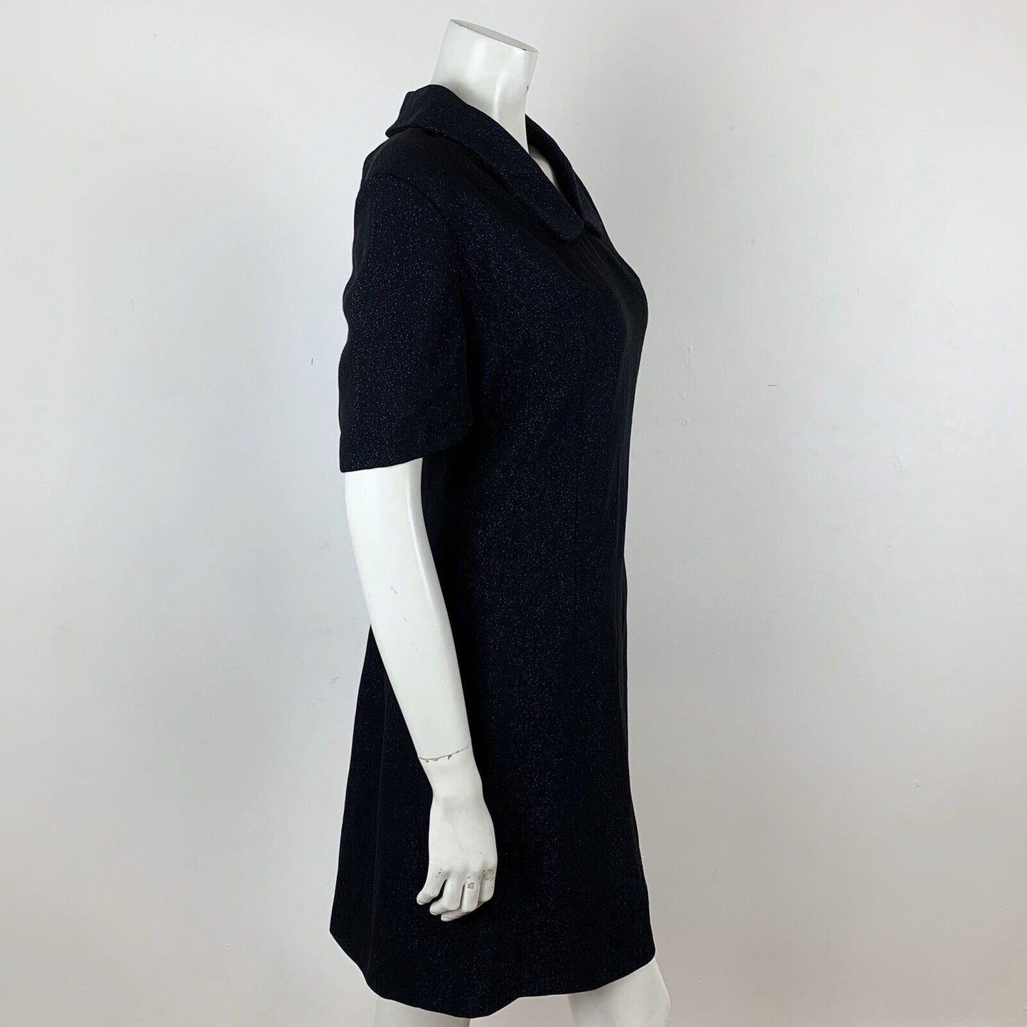 VINTAGE 60s 70s BLACK BLUE GLITTER LUREX PARTY MOD PETER PAN COLLAR DRESS 10