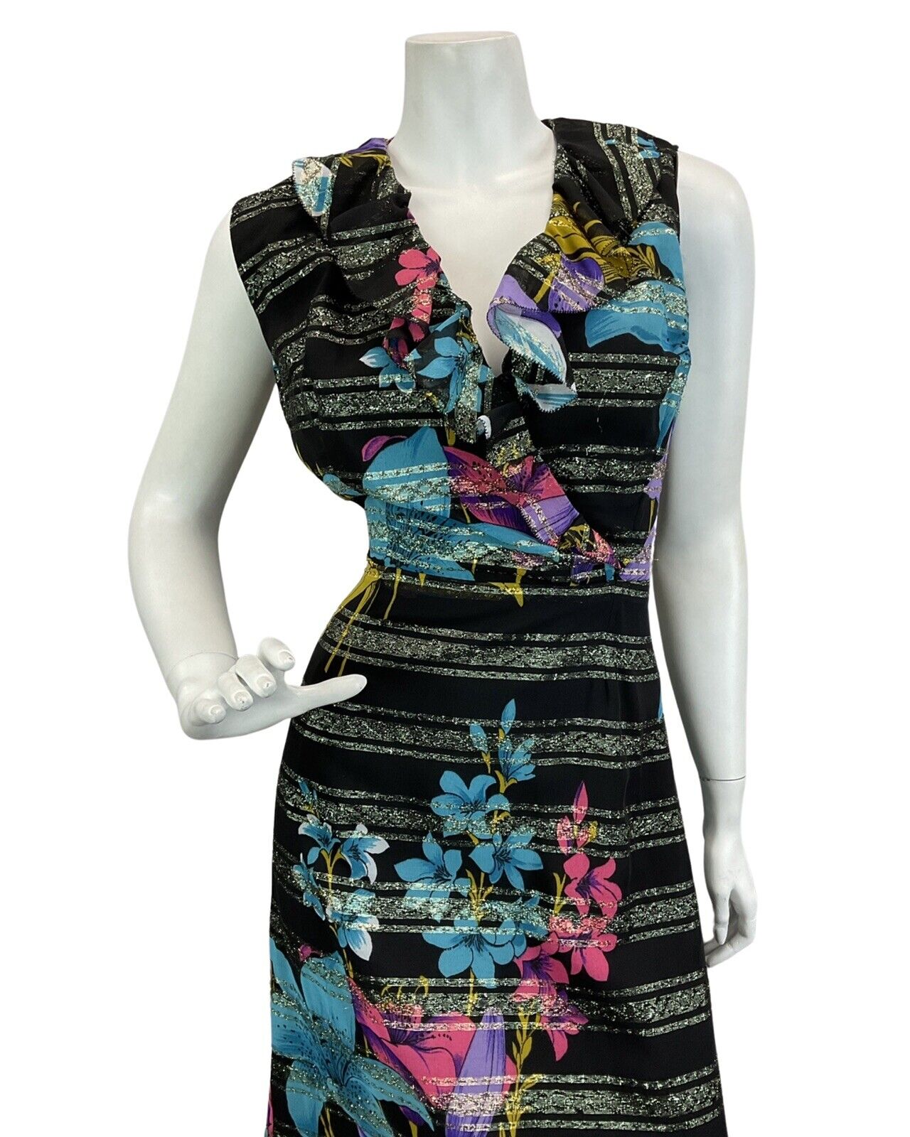 VINTAGE 60s 70s BLACK PINK BLUE FLORAL BOHO DISCO PARTY MAXI DRESS 8