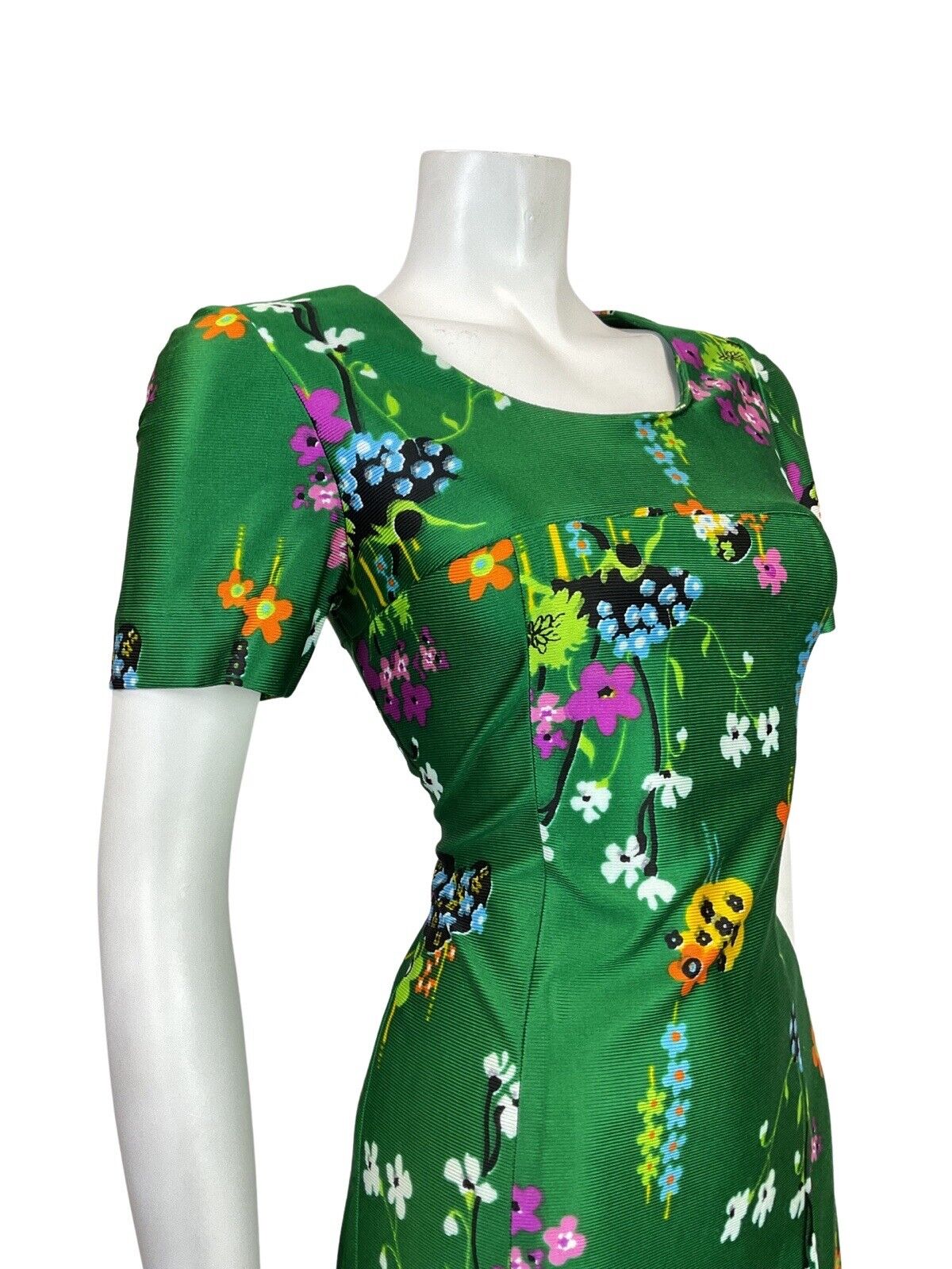 VINTAGE 60s 70s GREEN PURPLE BLACK FLORAL DAISY MOD DRESS 8 10