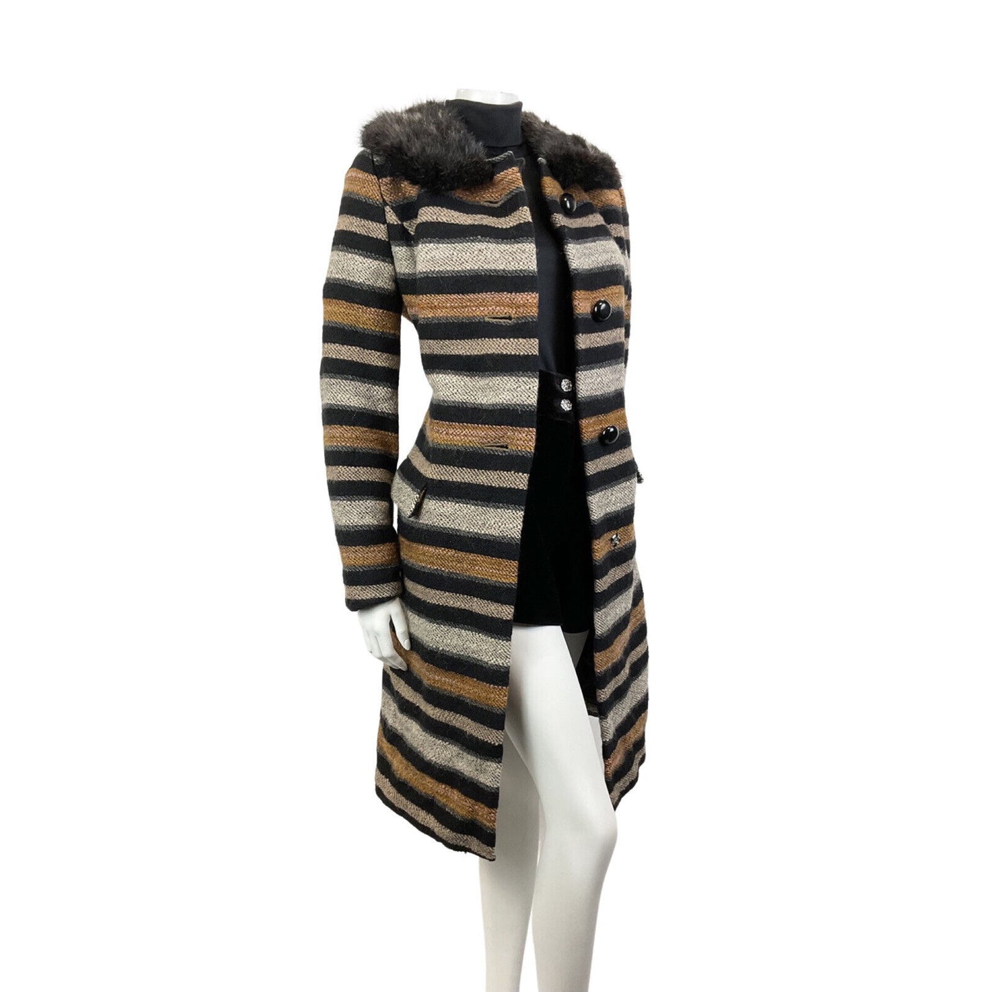VINTAGE 60s 70s BLACK WHITE ORANGE STRIPED FUR COLLAR MOD WOOL SWING COAT 14 16