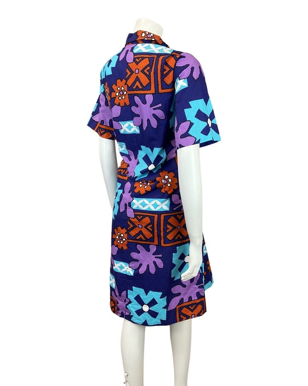 VINTAGE 60s 70s PURPLE BLUE ORANGE HAWAIIAN FLORAL SHIRT DRESS 14 16
