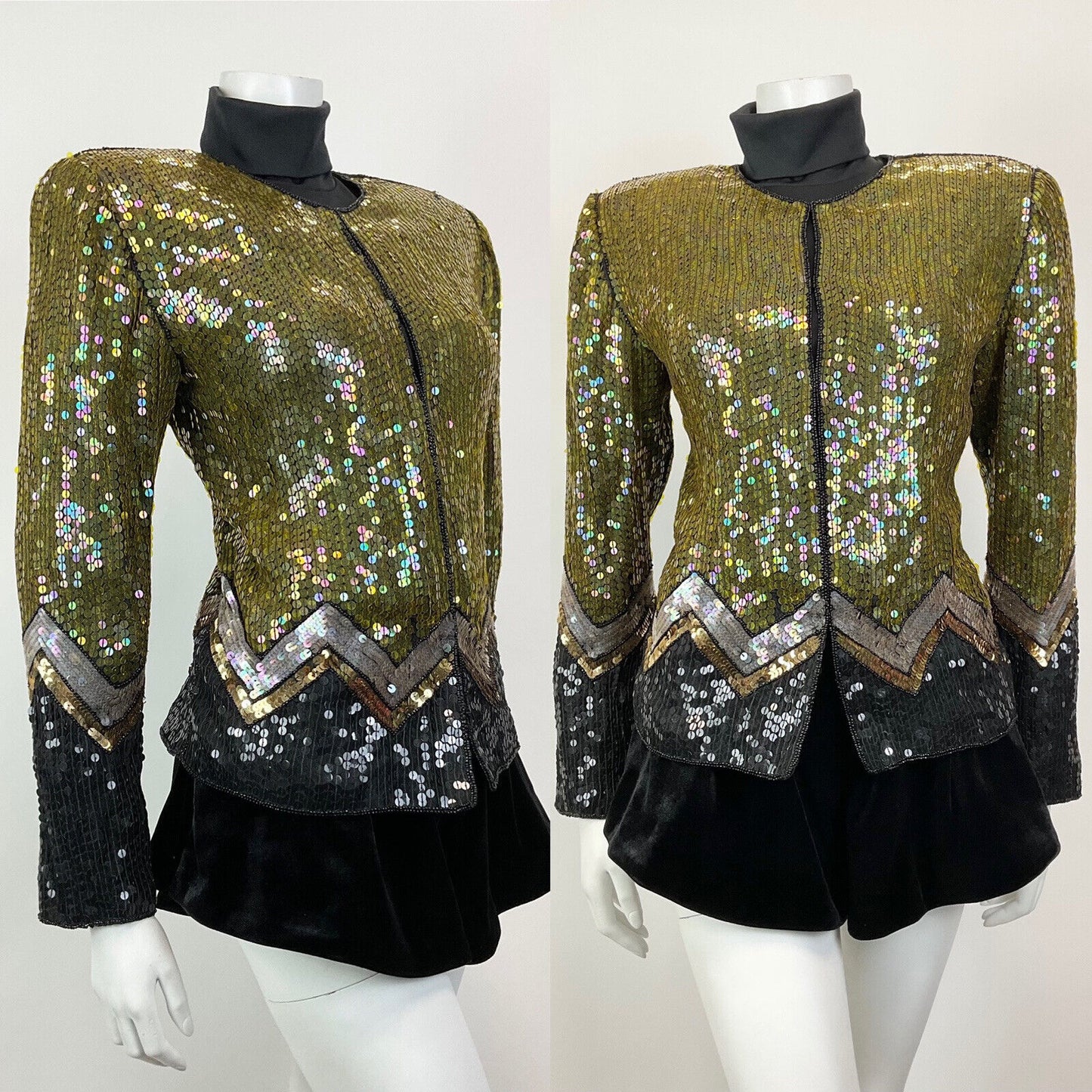 VINTAGE 70s 80s GOLD BLACK SILVER SEQUIN ZIG-ZAG DISCO PARTY TROPHY JACKET 8 10
