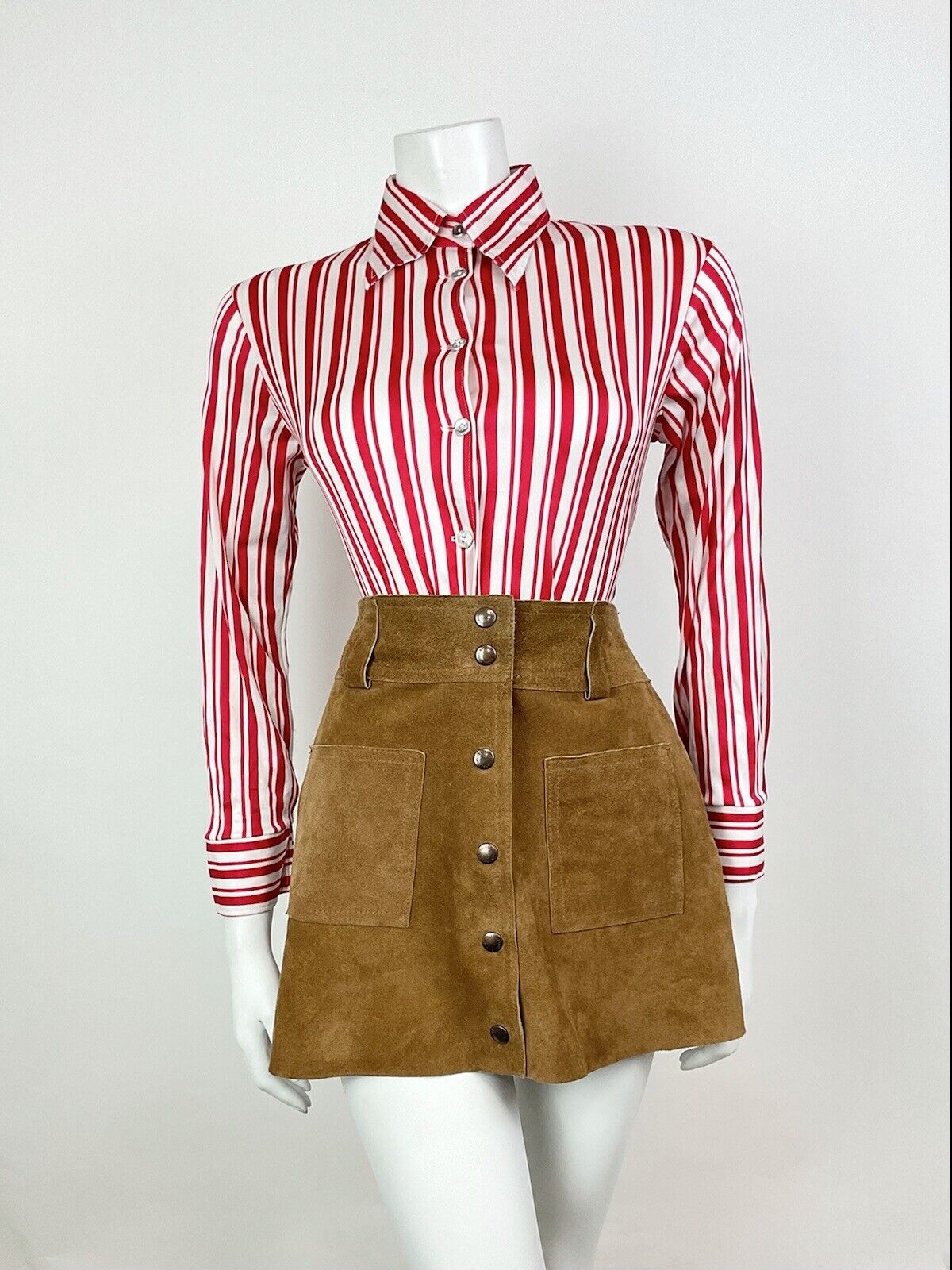 VINTAGE 60s 70s RED WHITE CANDY STRIPED MOD DAGGER SHIRT BLOUSE 12