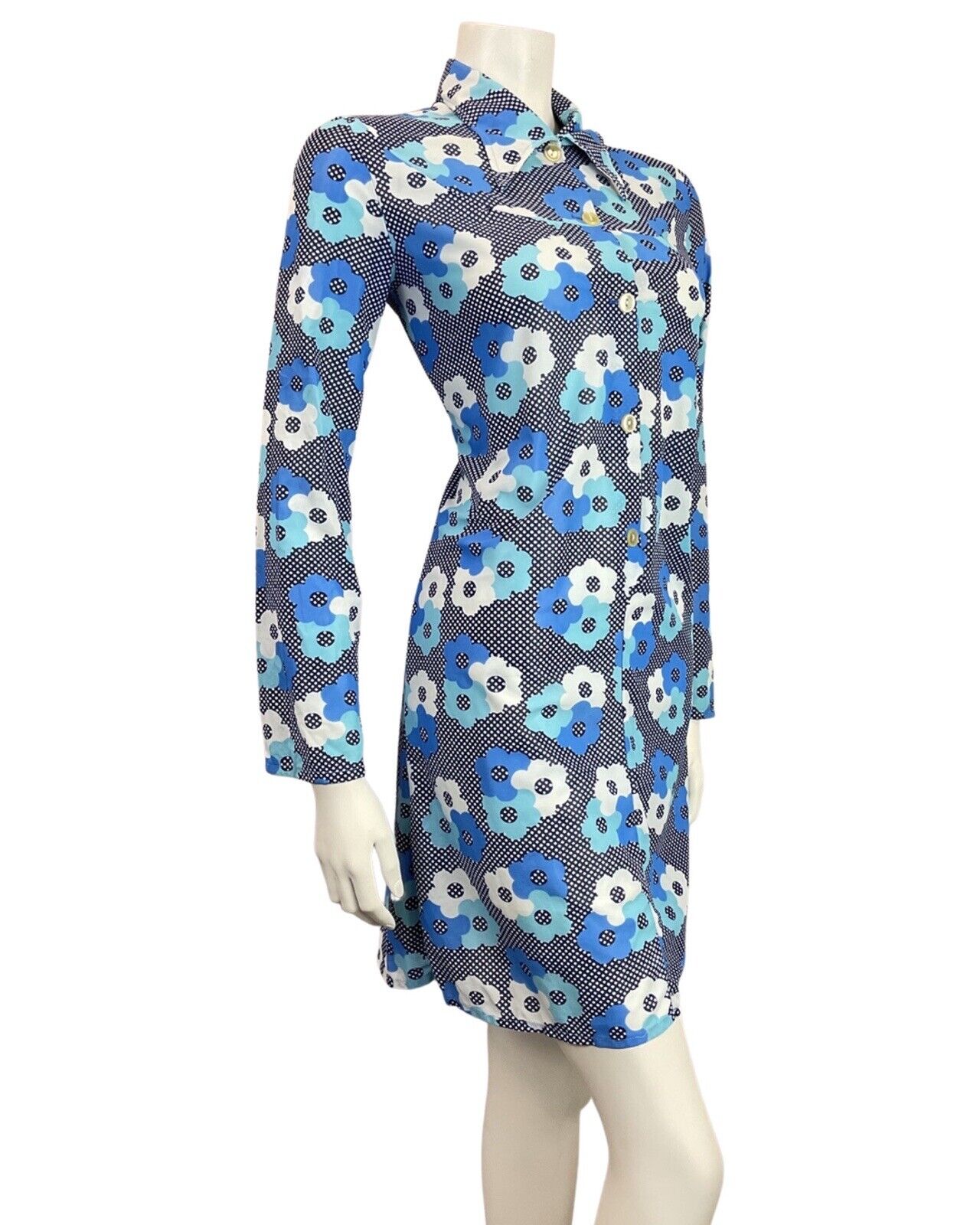 VINTAGE 60s 70s BLUE WHITE POLKA-DOT DAISY FLOWER MOD DAGGER SHIRT DRESS 8 10