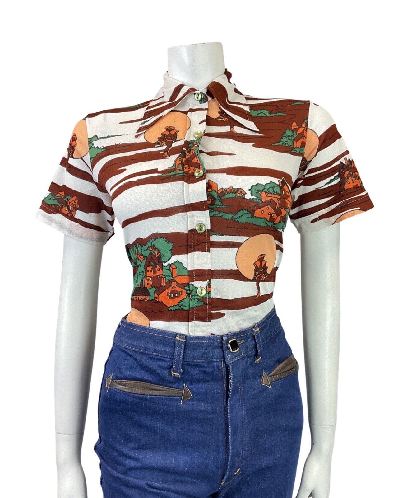 VINTAGE 60s 70s WHITE BROWN GREEN VILLAGE TREE DANCER FOLK DAGGER SHIRT 16 18