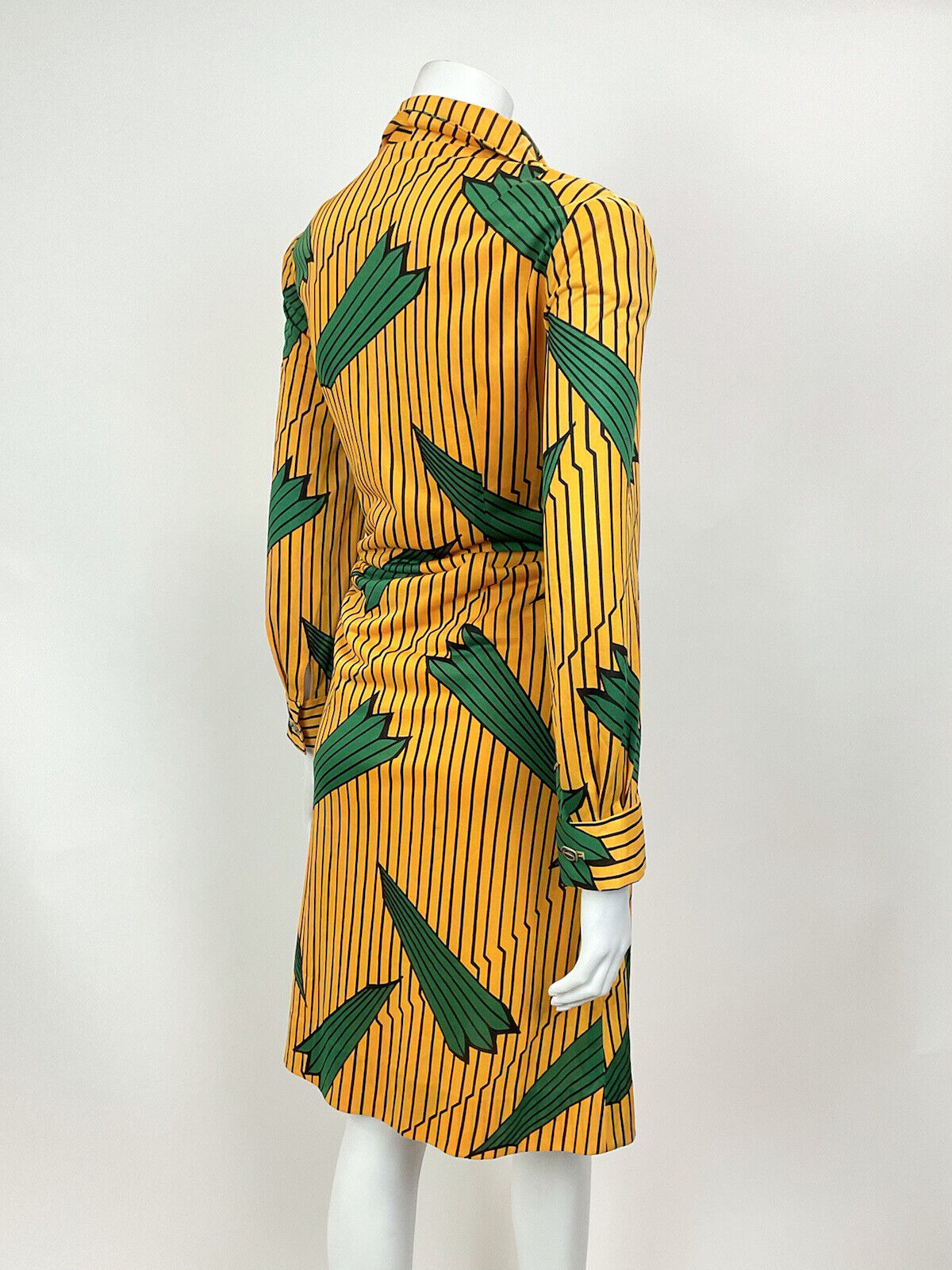 VINTAGE 60s 70s YELLOW BLACK GREEN STRIPED LEAFY MOD DAGGER SHIRT DRESS 10 12