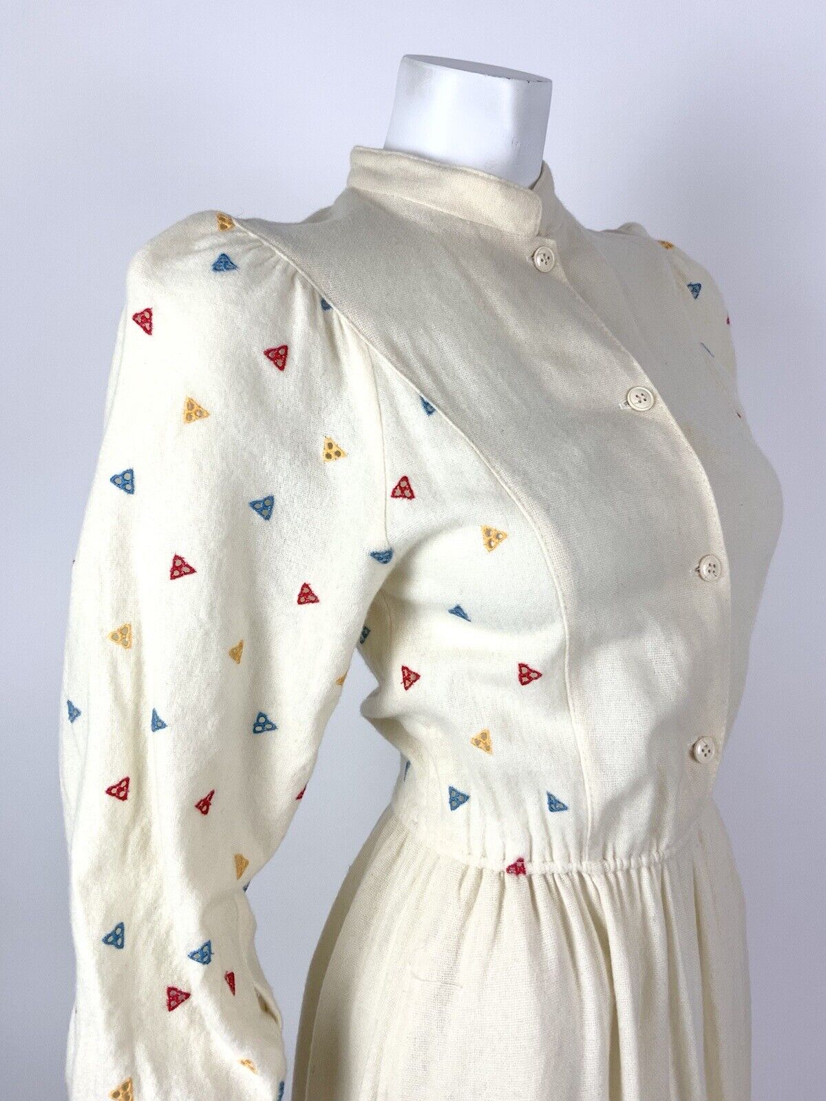VINTAGE 70s 80s CREAM RED BLUE EMBROIDERED GEOMETRIC FOLK BOHO WOOL DRESS 6