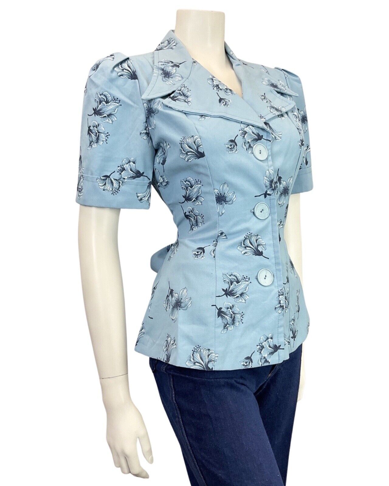 VINTAGE 70s DOES 40S BLUE NAVY FLORAL BELTED MOD BLOUSE TOP 10