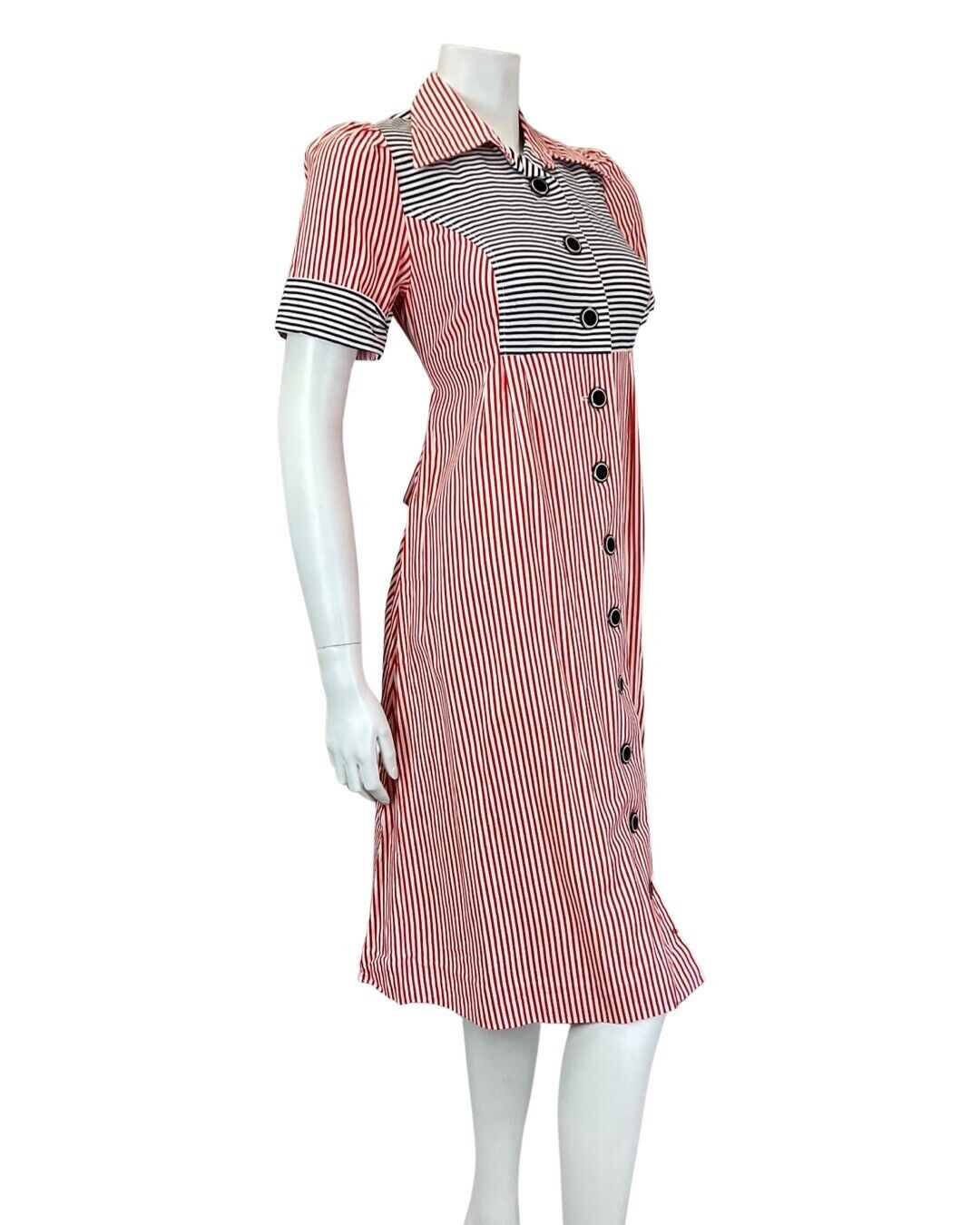 VINTAGE 60s 70s RED WHITE BLACK STRIPED BELTED MOD DAGGER MIDI SHIRT DRESS 8 10