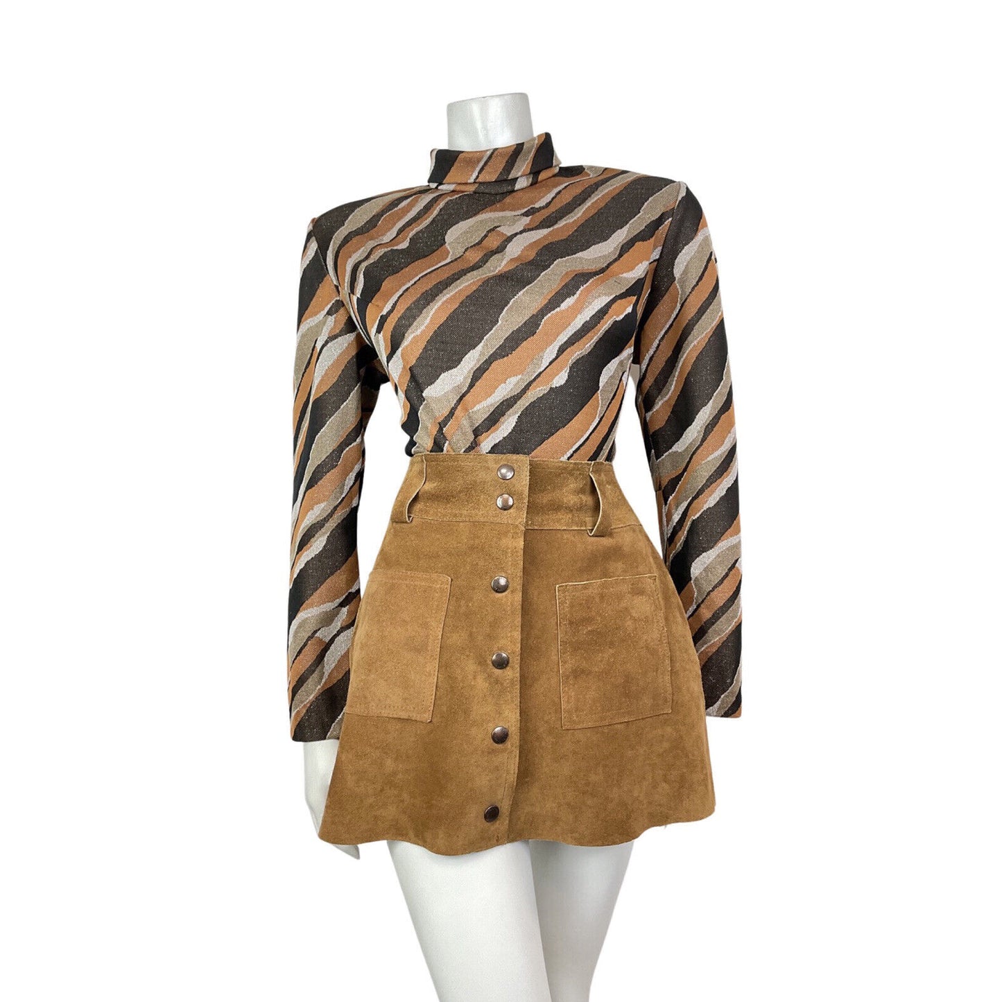VTG 60s 70s BROWN ORANGE GOLD WHITE STRIPED LUREX PARTY MOD TURTLENECK TOP 16