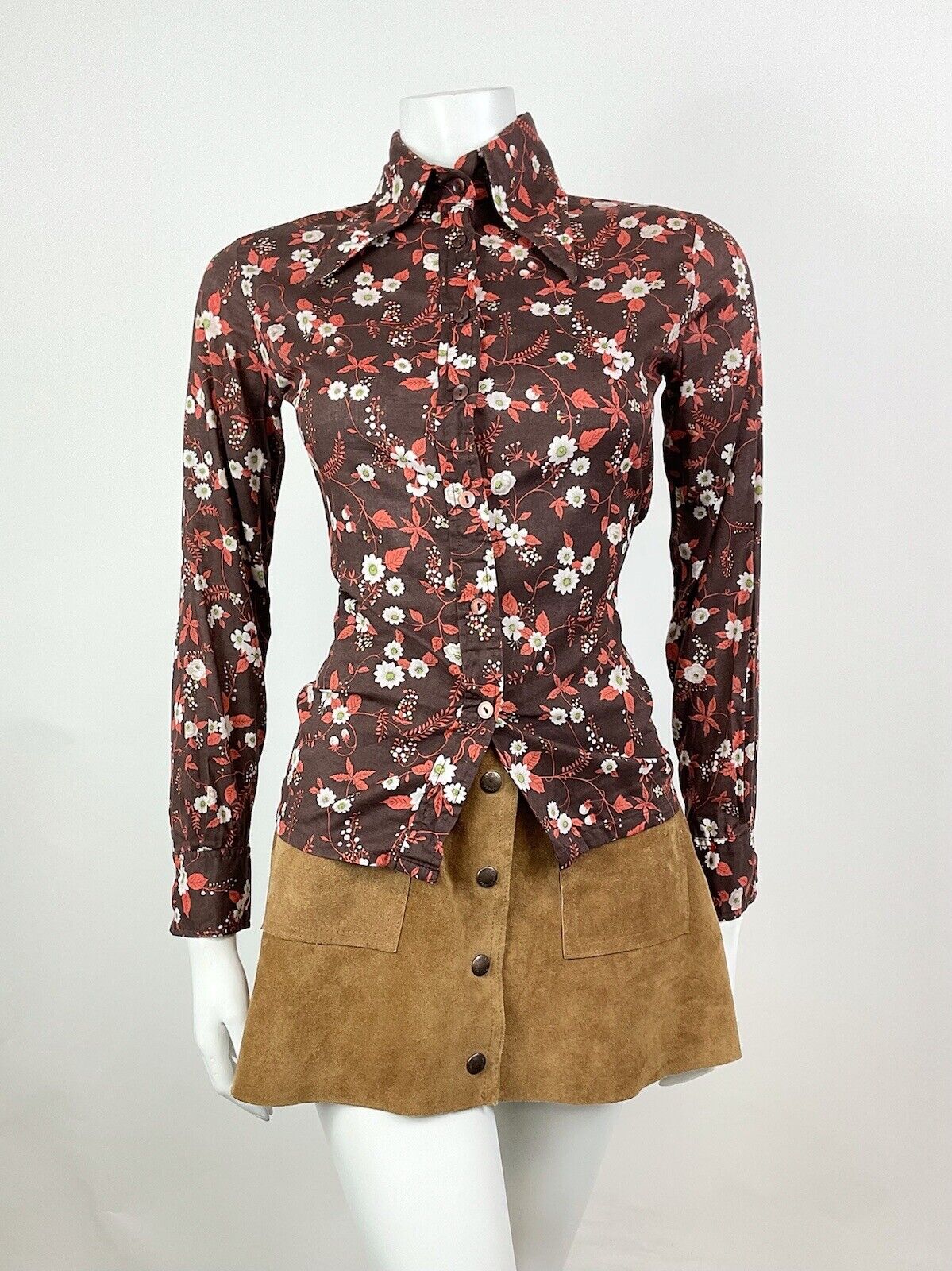VTG 60s 70s BROWN WHITE ORANGE BOTANICAL FLORAL LEAFY BERRY DAGGER SHIRT 8 10