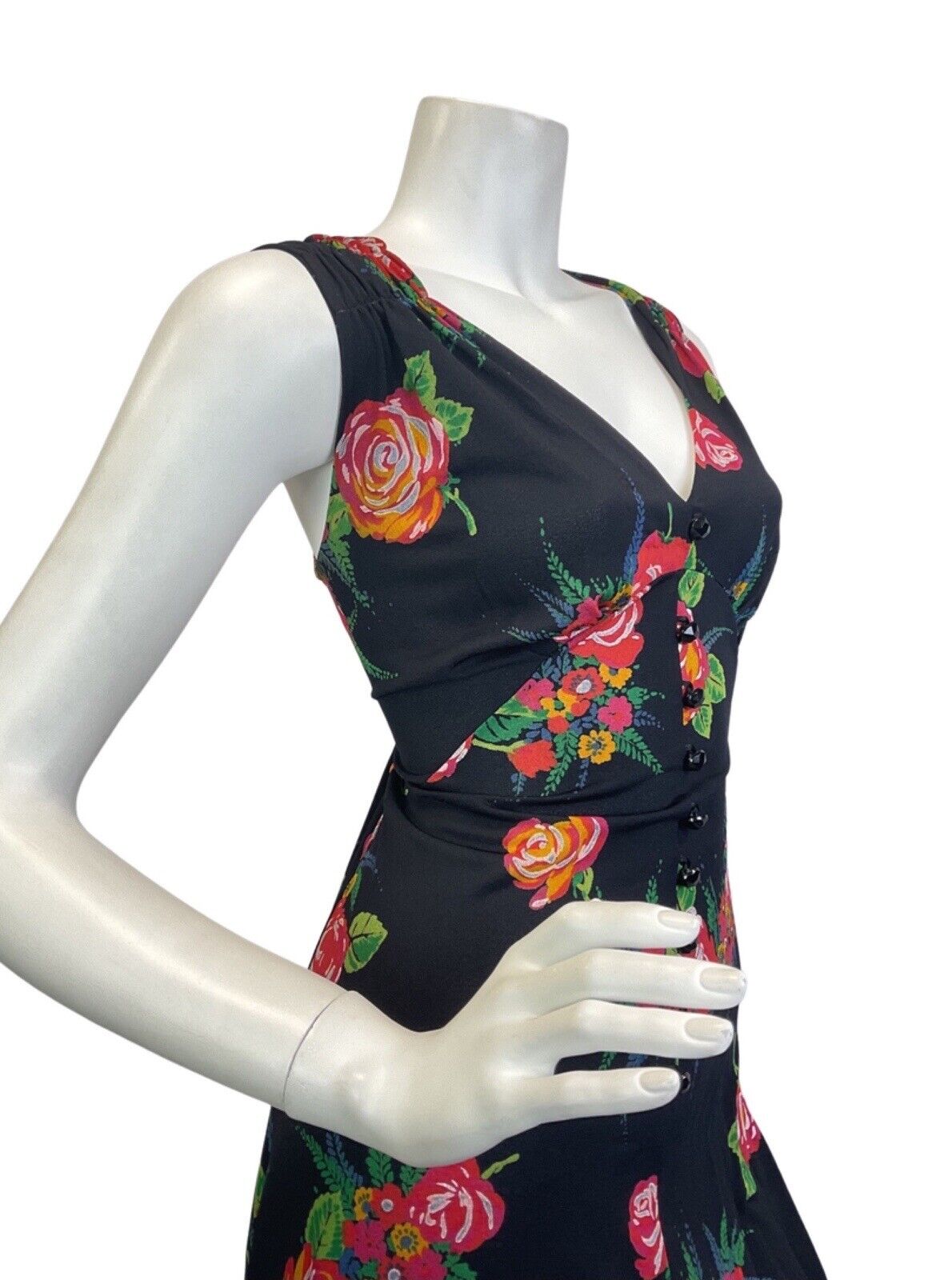 VINTAGE 60s 70s BLACK RED GREEN ROSE FLOWER BOUQUET SLEEVELESS MAXI DRESS 12 14