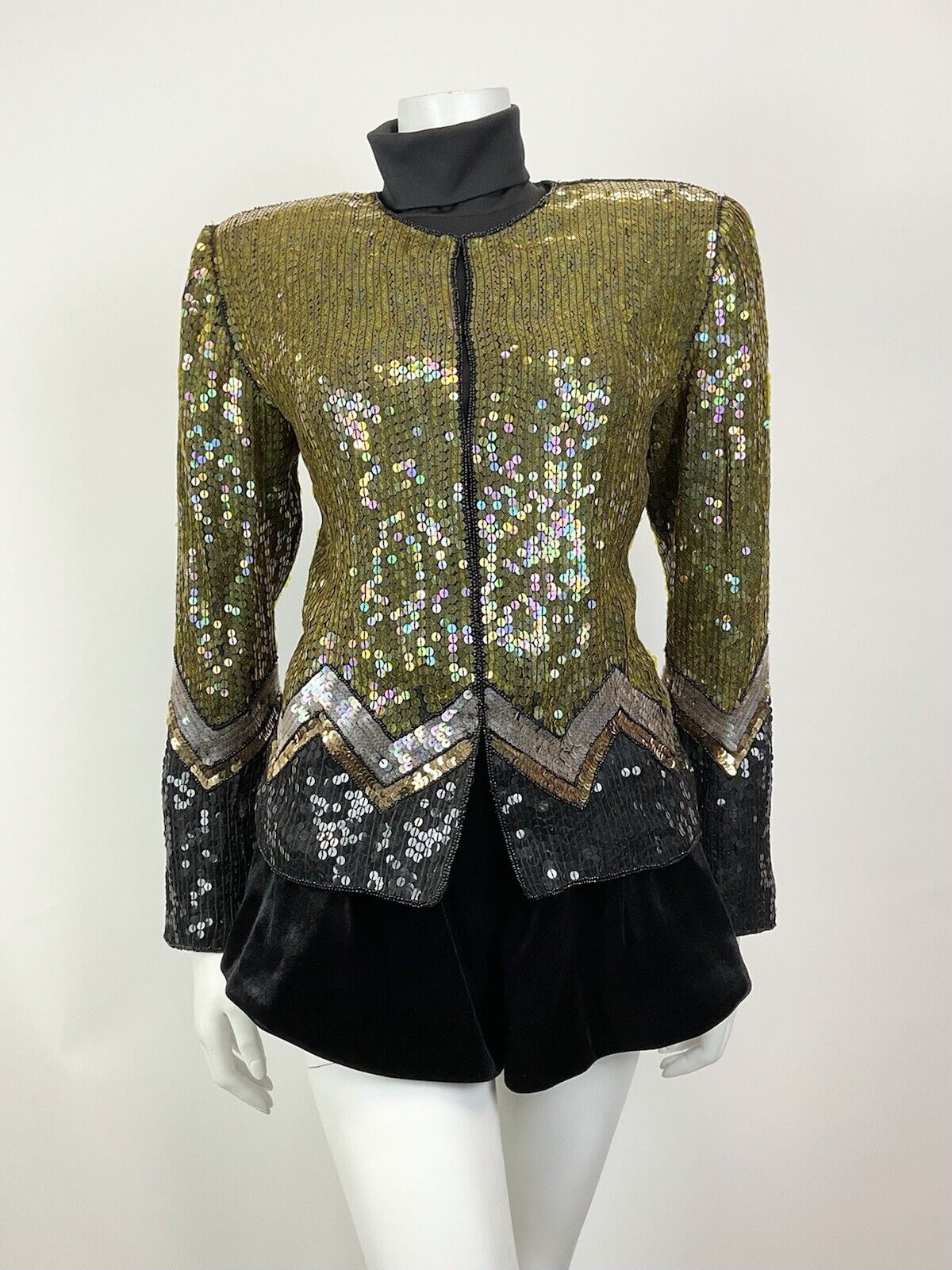 VINTAGE 70s 80s GOLD BLACK SILVER SEQUIN ZIG-ZAG DISCO PARTY TROPHY JACKET 8 10