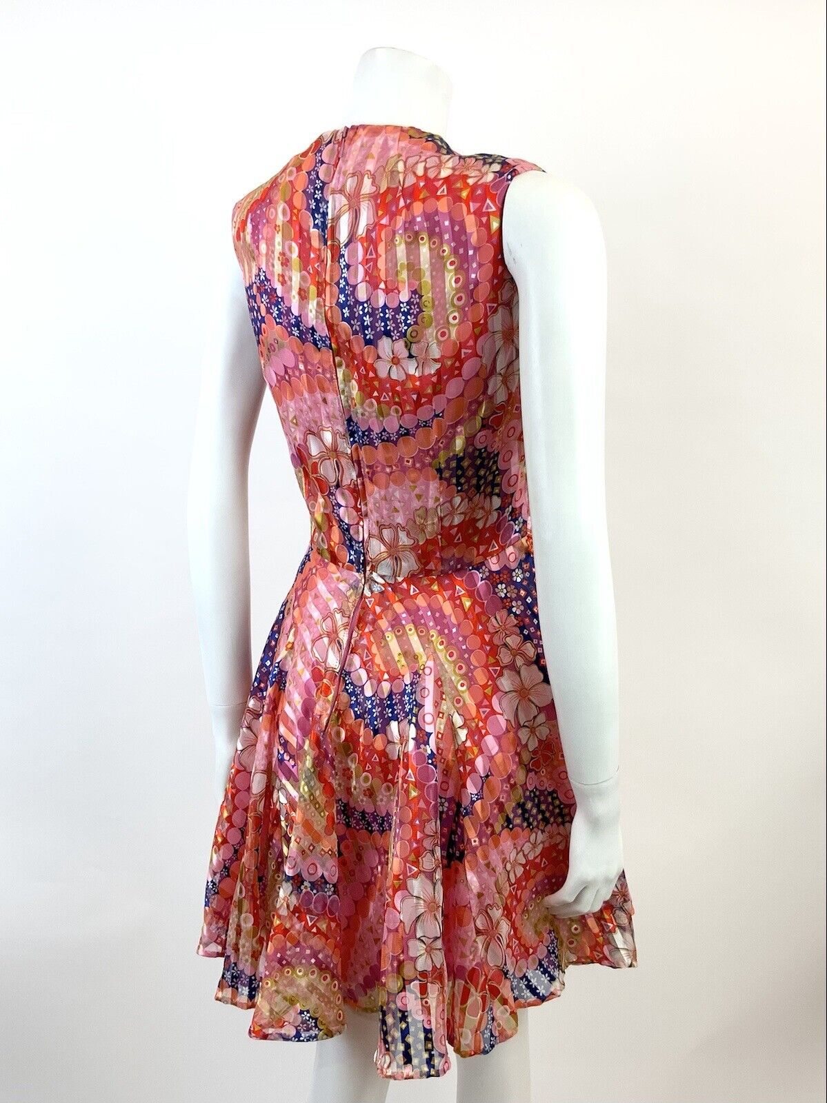 VINTAGE 60s 70s PINK ORANGE BLUE PSYCHEDELIC FLORAL GEOMETRIC FLOATY DRESS 6 8