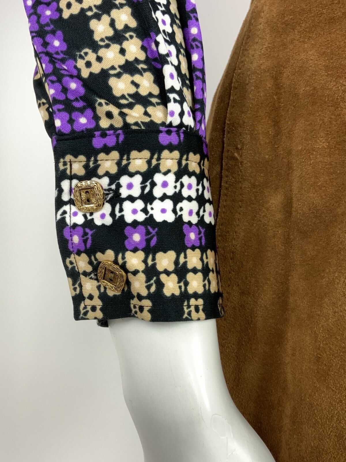 VINTAGE 60s 70s BLACK PURPLE WHITE BEIGE FLORAL PSYCHEDELIC DAISY SHIRT 10 12