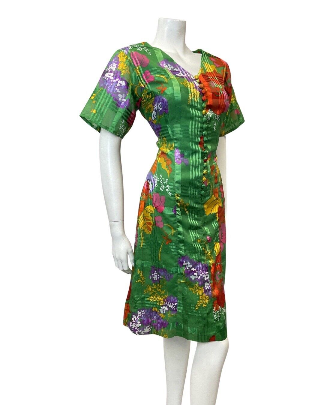 VINTAGE 60s 70s GREEN PURPLE RED FLORAL PLAID SHEER MOD DRESS 12 14