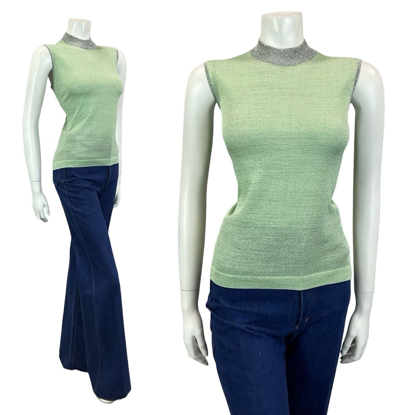 VTG 60S MOD GOGO PASTEL GREEN SILVER LUREX HIGH NECK BOXY PARTY TANK TOP 10
