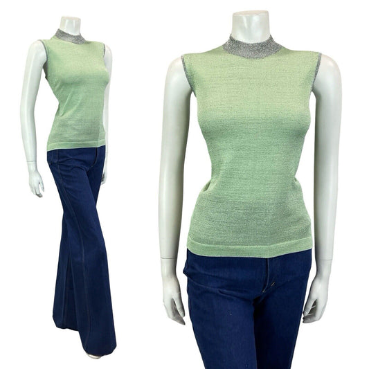 VTG 60S MOD GOGO PASTEL GREEN SILVER LUREX HIGH NECK BOXY PARTY TANK TOP 10