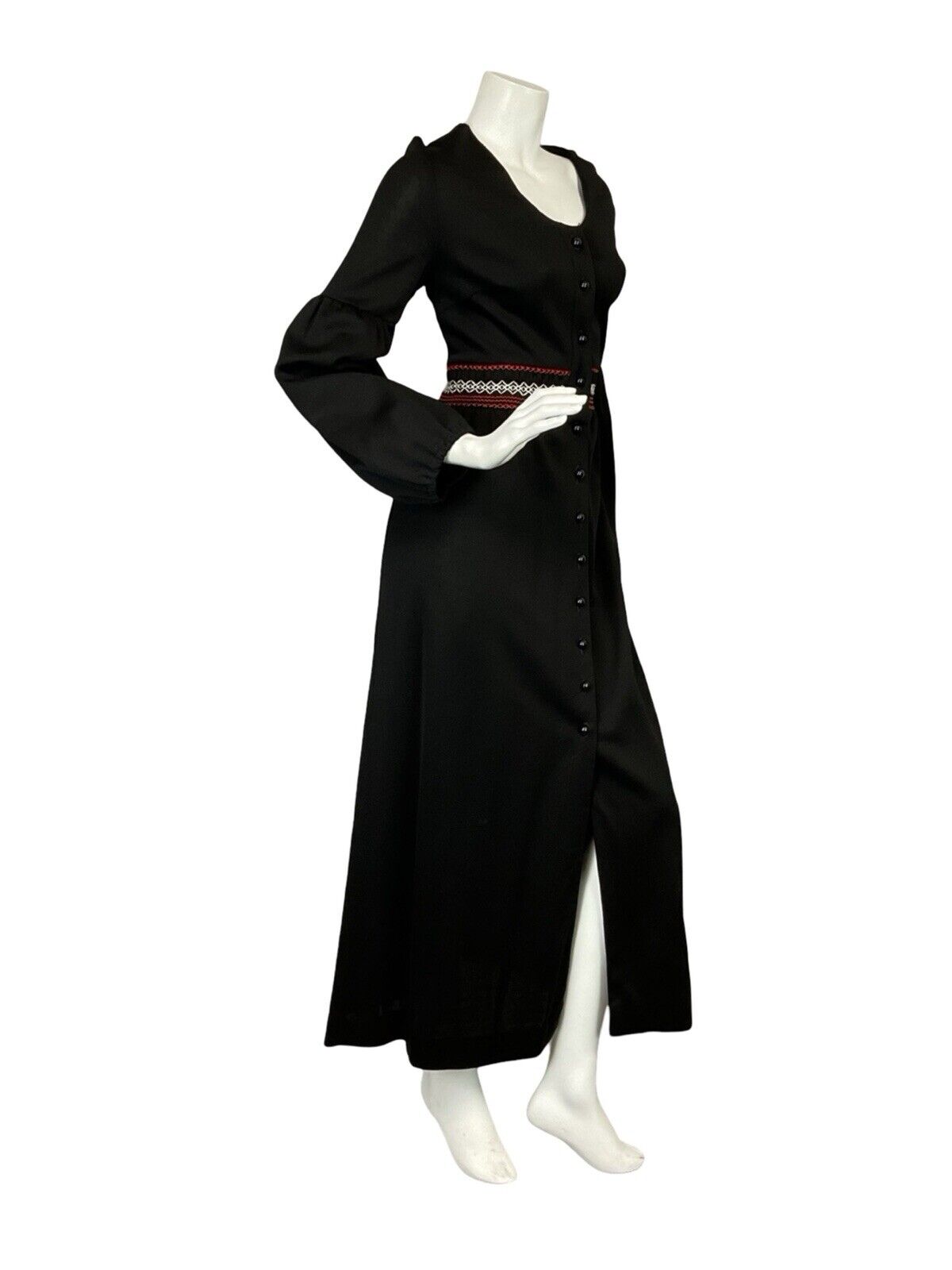 VTG 70S BLACK WHITE RED RUCHING JULIET SLEEVE BOHO HIPPY BUTTON UP MAXI DRESS 10