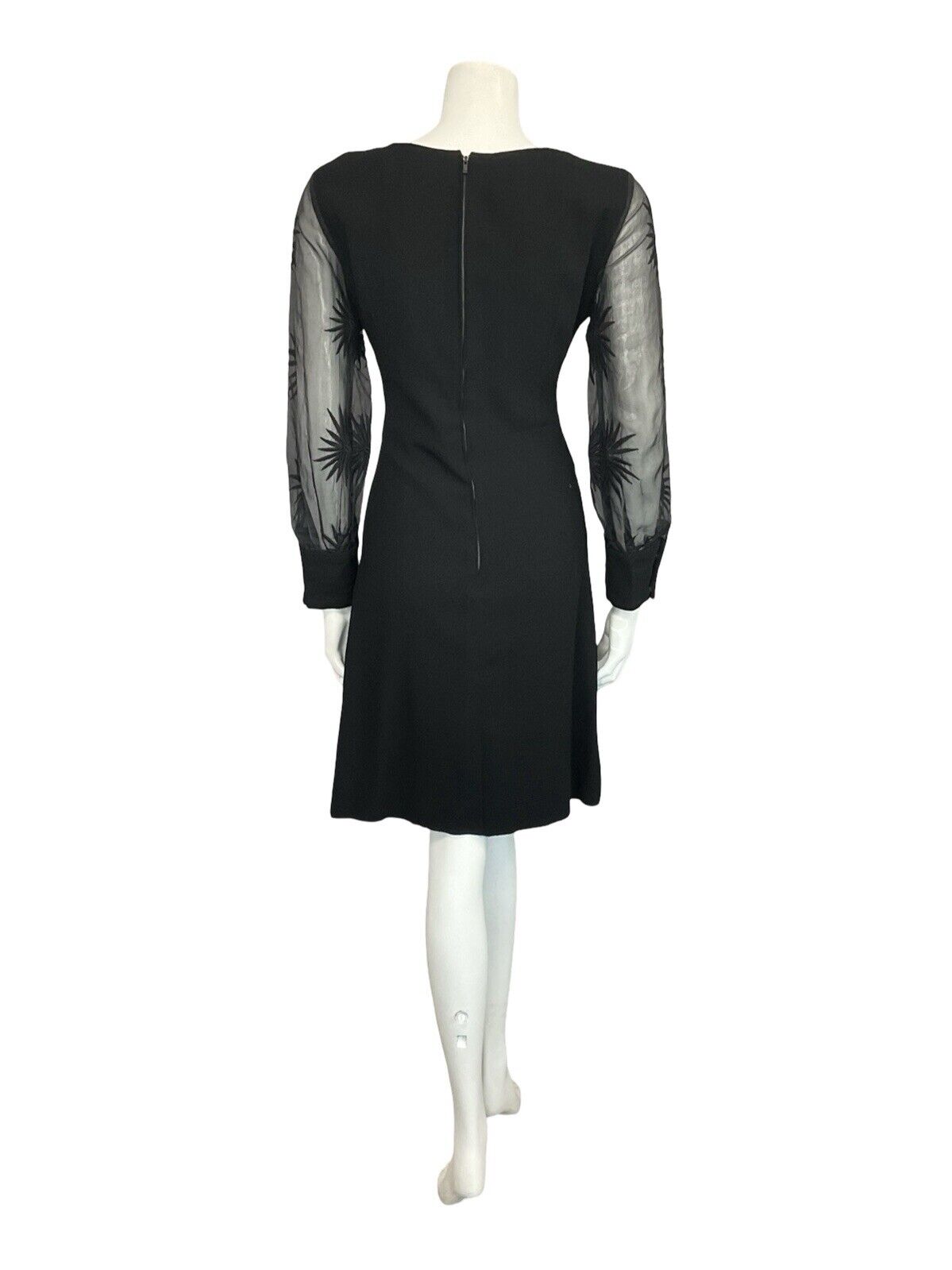 VTG 60S BLACK WOOL MESH EMBROIDERED FLORAL BALOON SLEEVE PARTY MIDI DRESS S 8 10