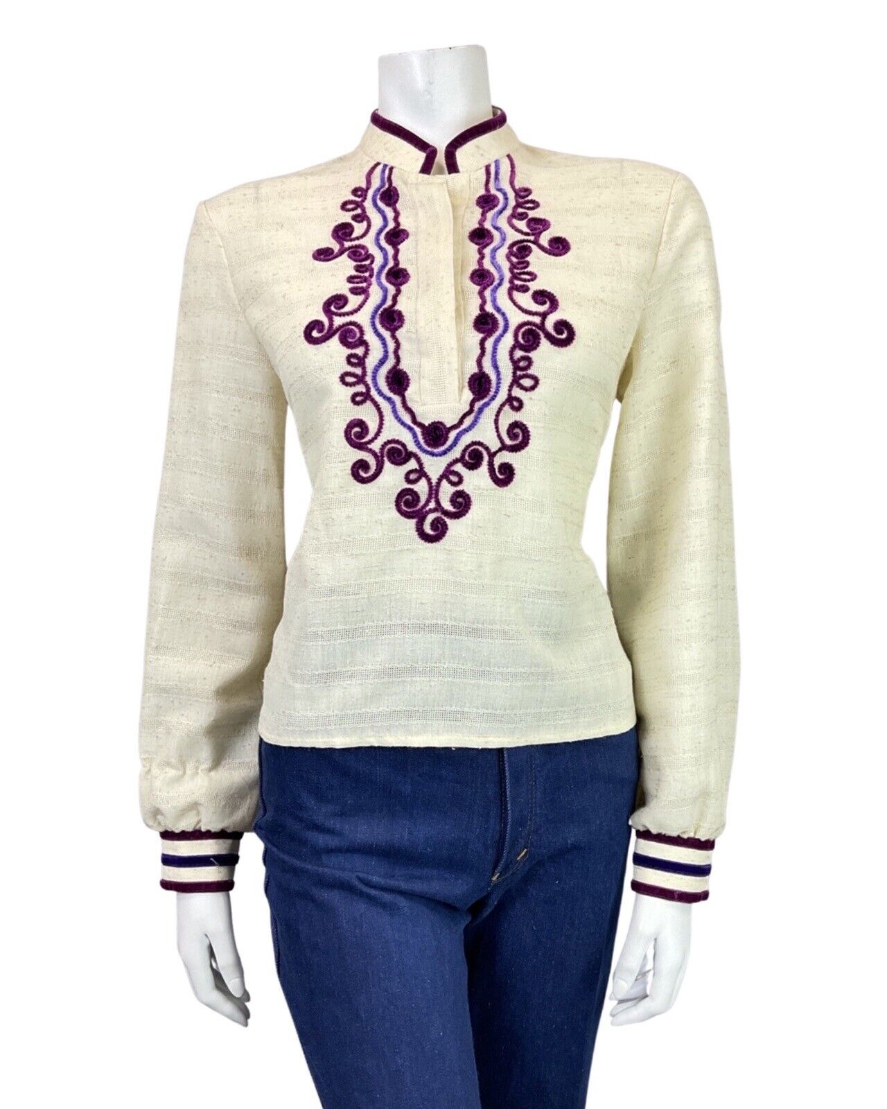 VINTAGE 70s CREAM PURPLE WINE VELVET SWIRL LUCIE LINDEN BOHO BLOUSE 12 14