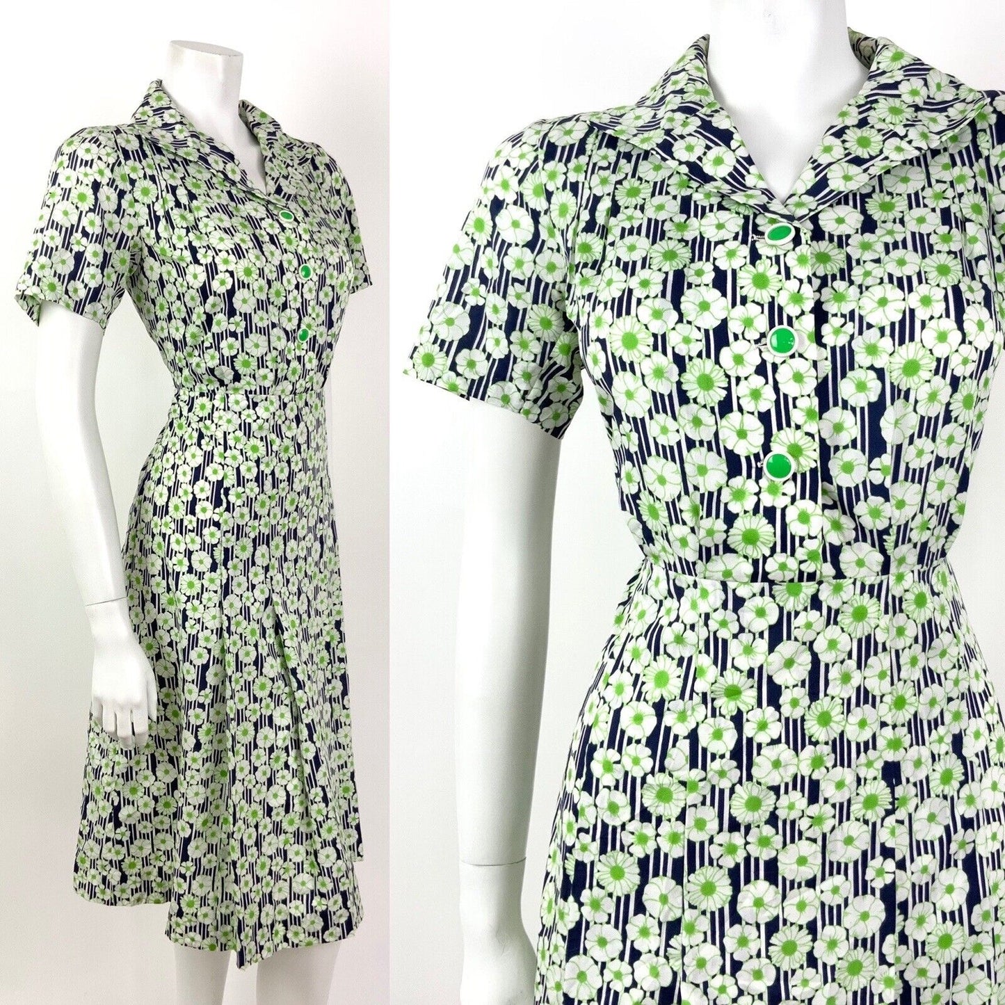 VINTAGE 60s 70s GREEN BLUE WHITE STRIPED FLORAL DAISY MOD SHIRT DRESS 12 14