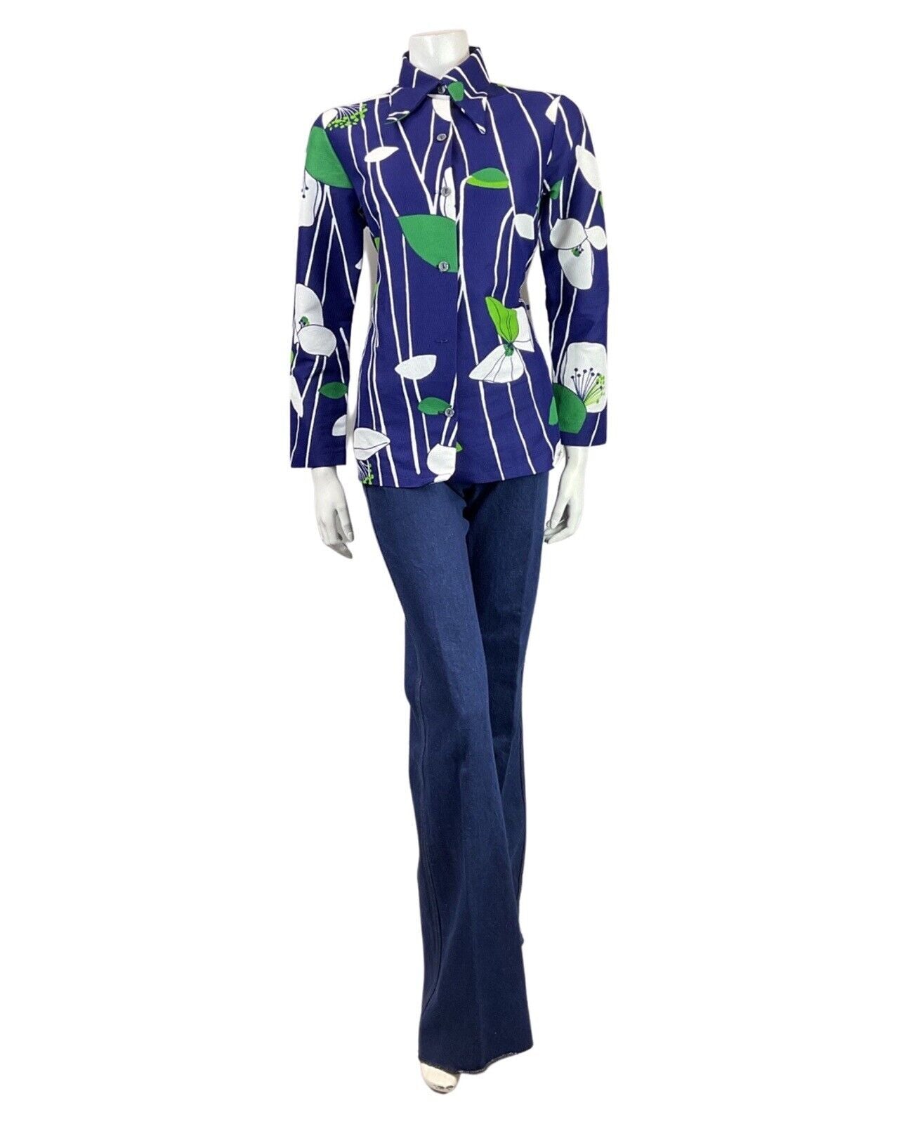 VINTAGE 60s 70s NAVY BLUE WHITE GREEN STRIPED LEAFY FLORAL DAGGER BLOUSE 14