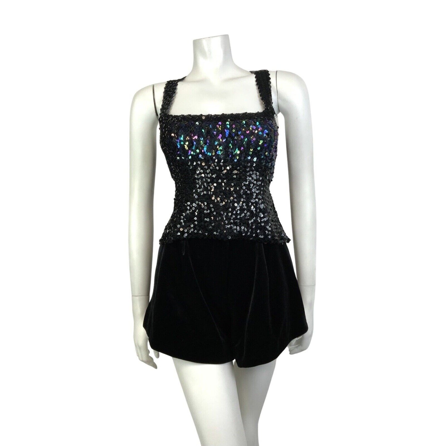 VINTAGE 70s 80s BLACK IRIDESCENT SEQUIN DISCO PARTY STRAPPY CROPPED TOP 14 16