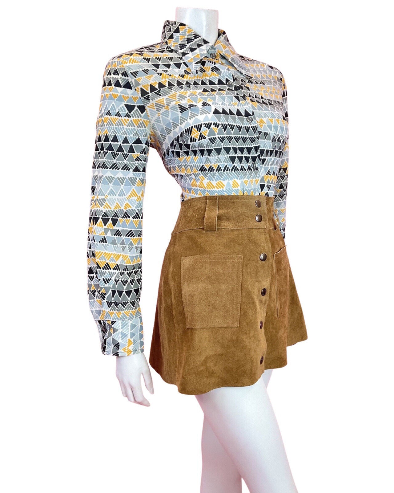 VINTAGE 60s 70s GREY SILVER YELLOW BLACK GEOMETRIC MOD DAGGER SHIRT BLOUSE 12 14
