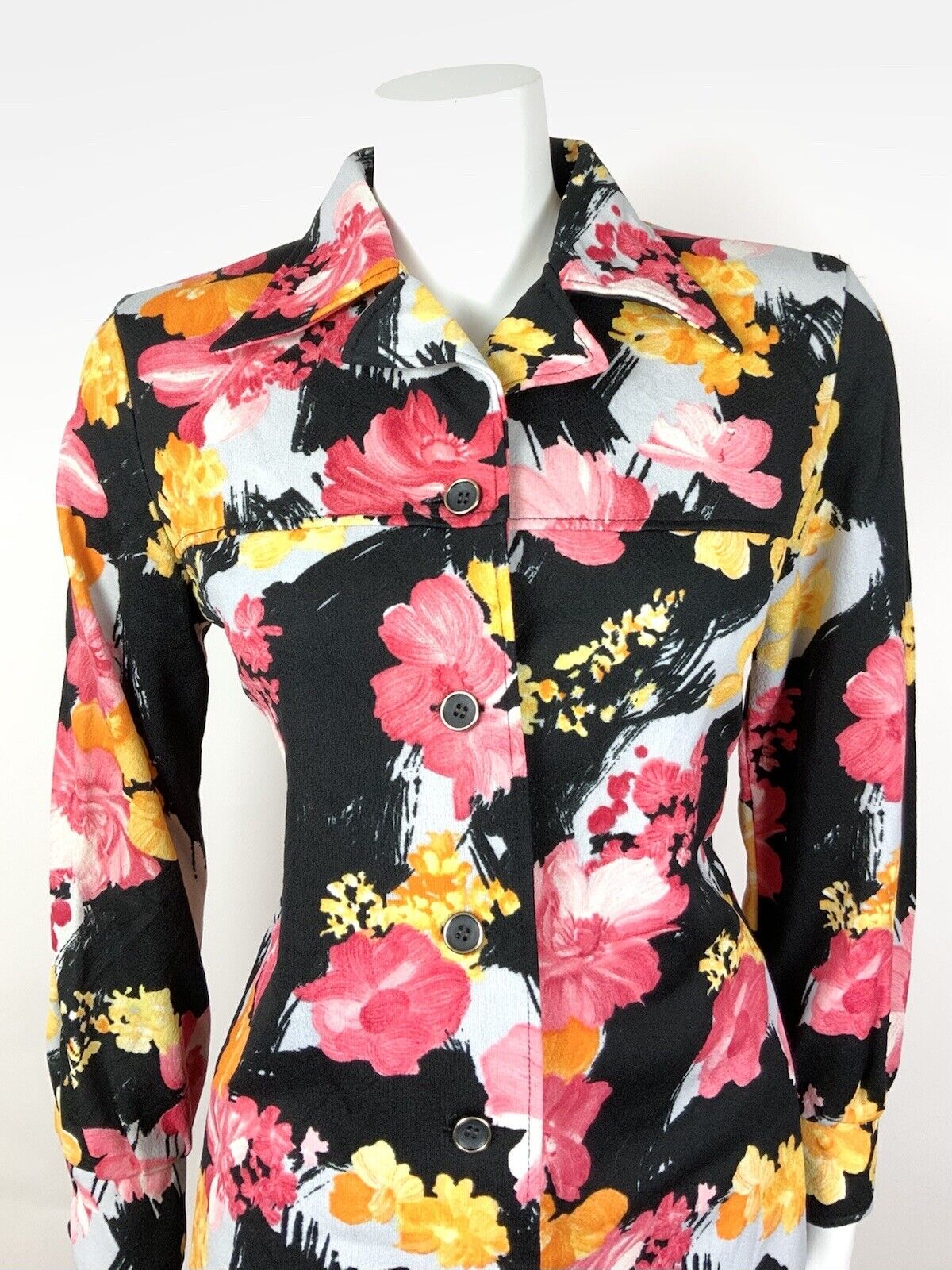 VINTAGE 60s 70s BLACK PINK ORANGE GREY FLORAL DAGGER COLLAR SHIRT BLOUSE 12 14
