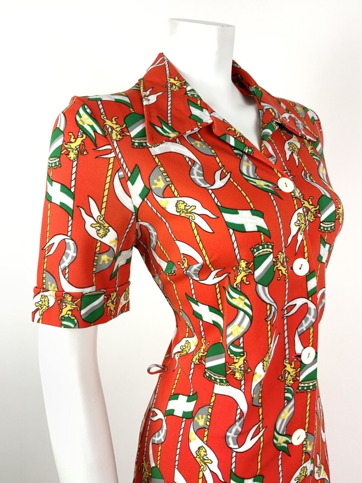 VTG 60s 70s RED ORANGE GREEN GREY FLAG LION CREST MOD DAGGER SHIRT DRESS 12 14