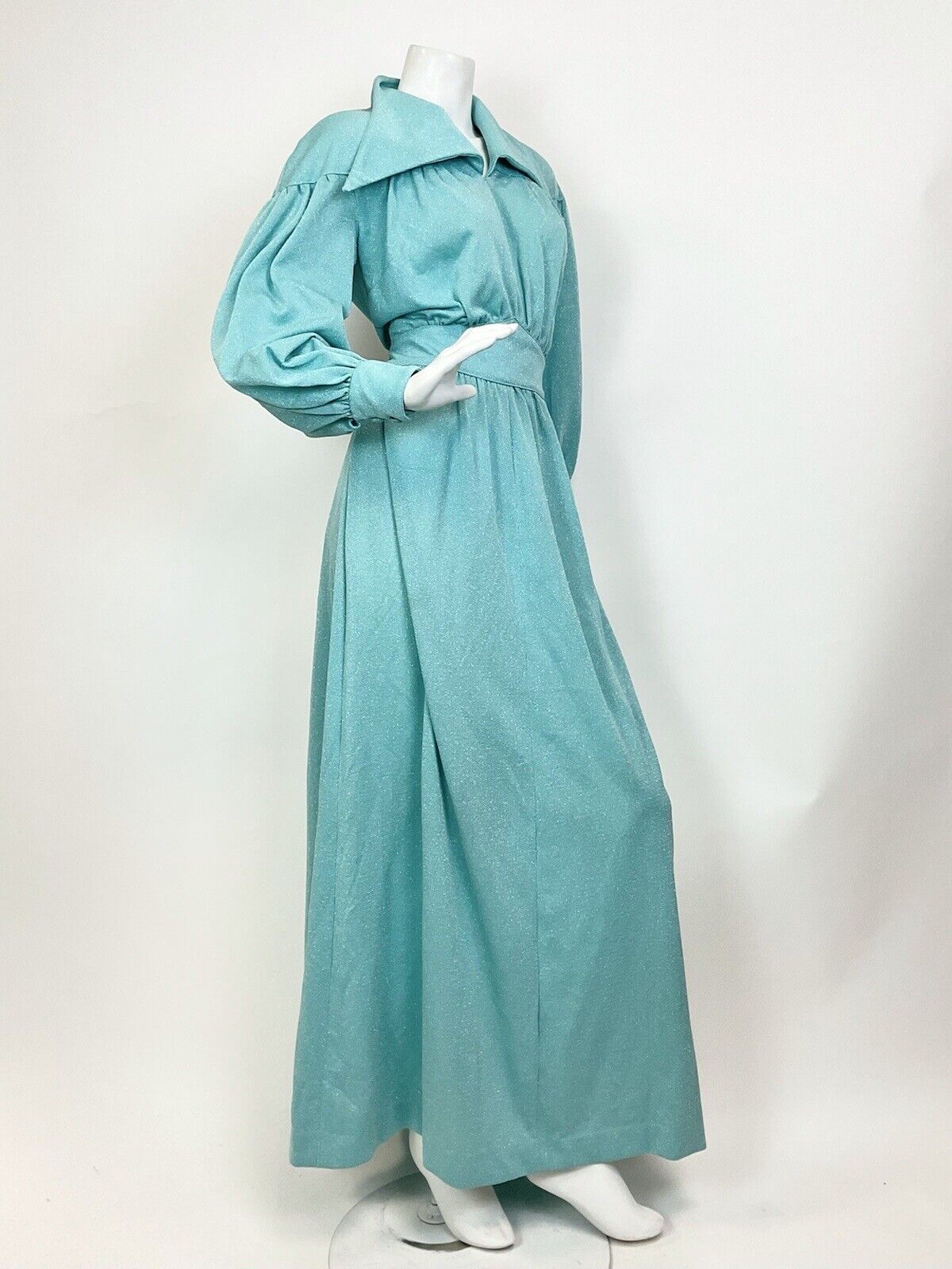 VTG 60s 70s BABY BLUE LUREX GLITTERY MOD STUDIO 54 DAGGER SHIRT MAXI DRESS 10